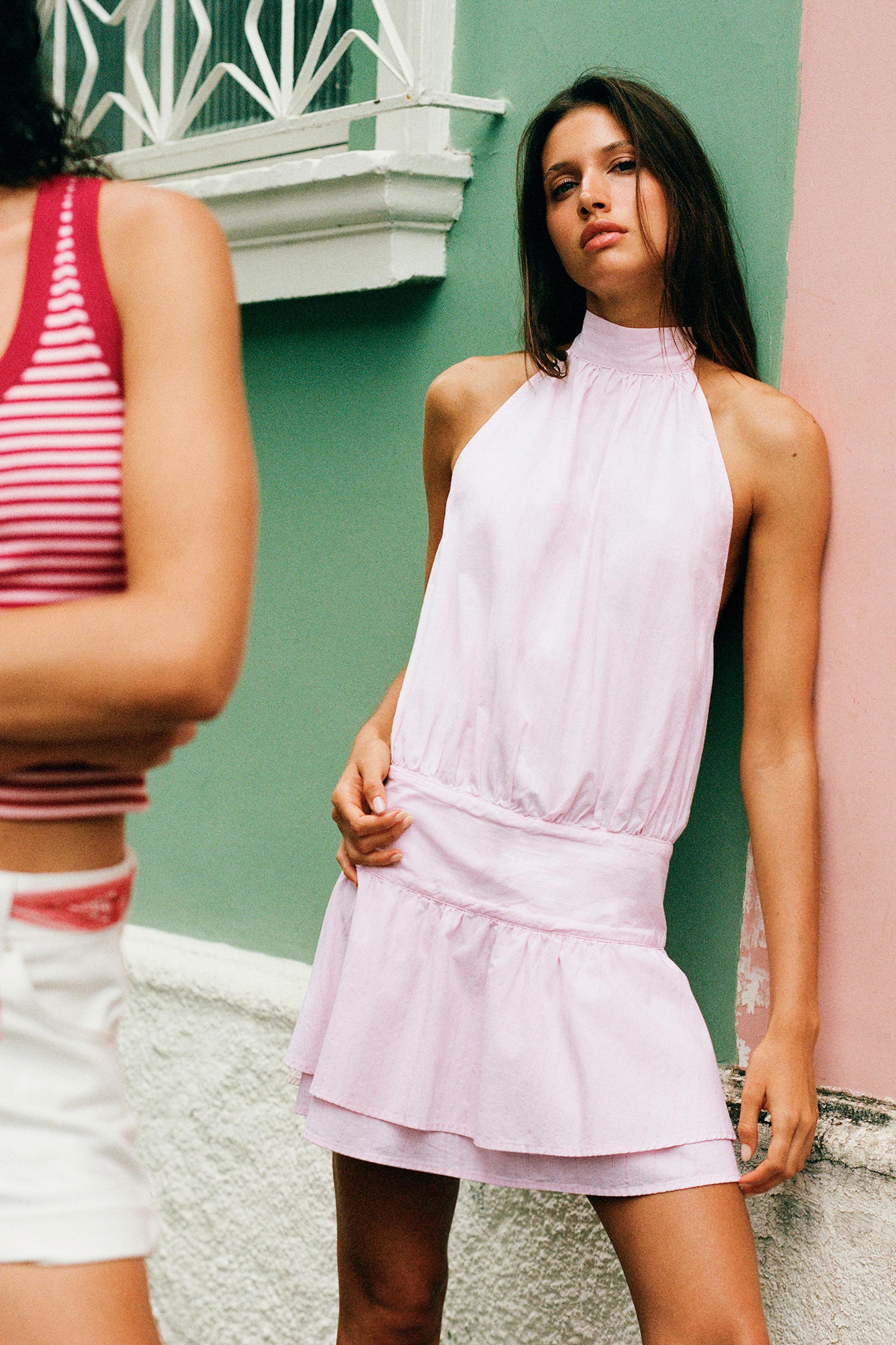 Short striped halter dress — Pink