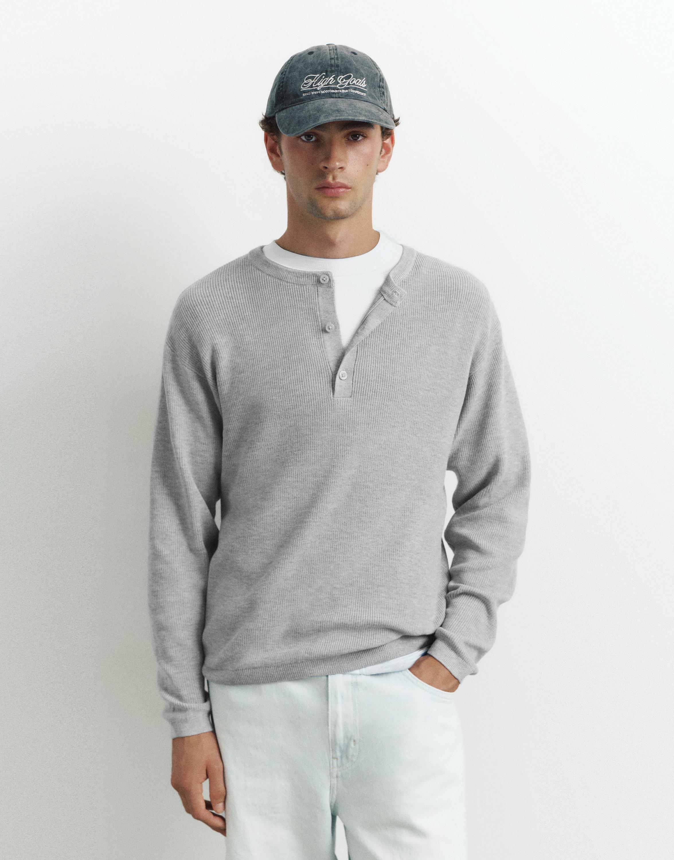 Henley neck jumper — Grey marl