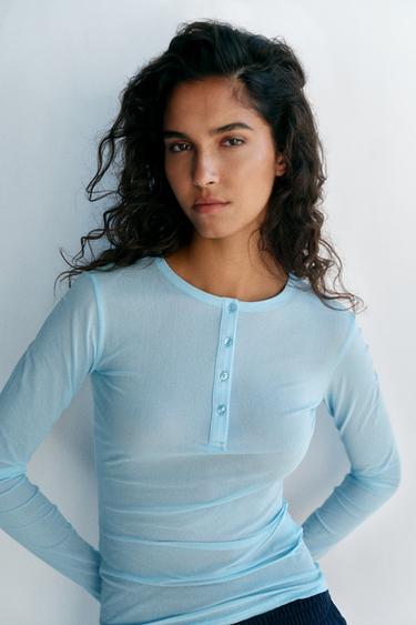 Semi-sheer Henley neck T-shirt — Pale blue 4