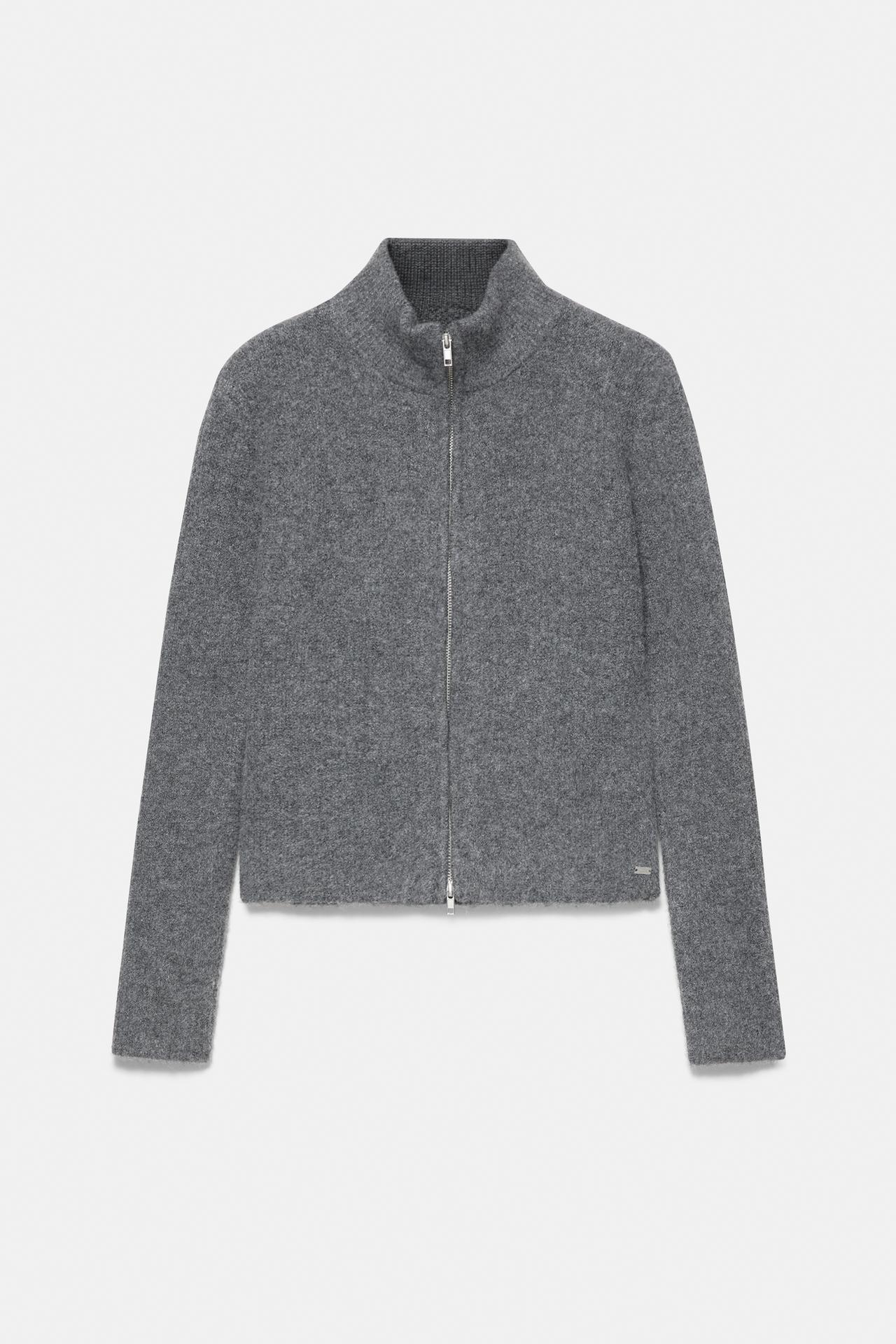 Ribbed zip-up cardigan — Grey marl