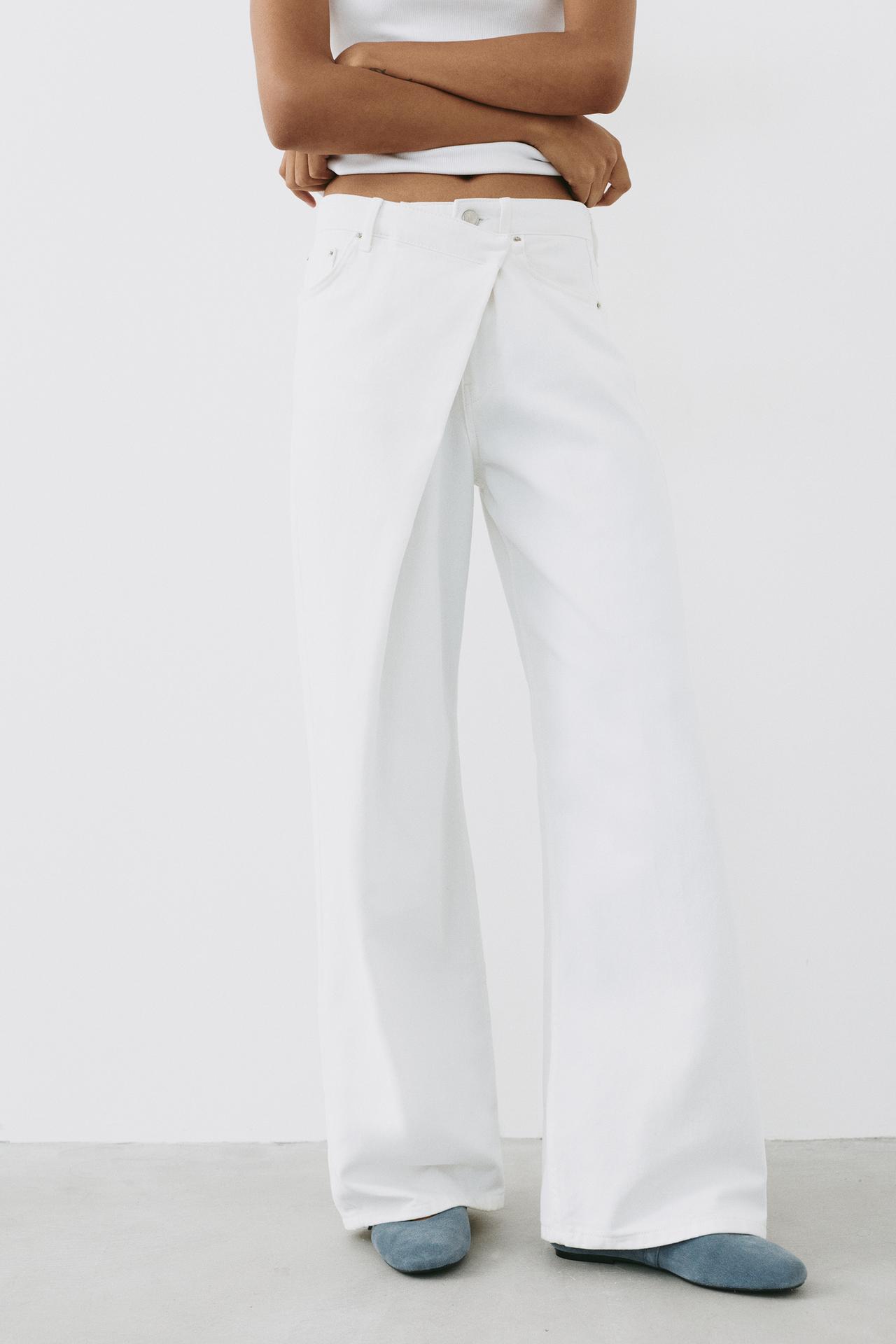 White crossover waist baggy jeans — White