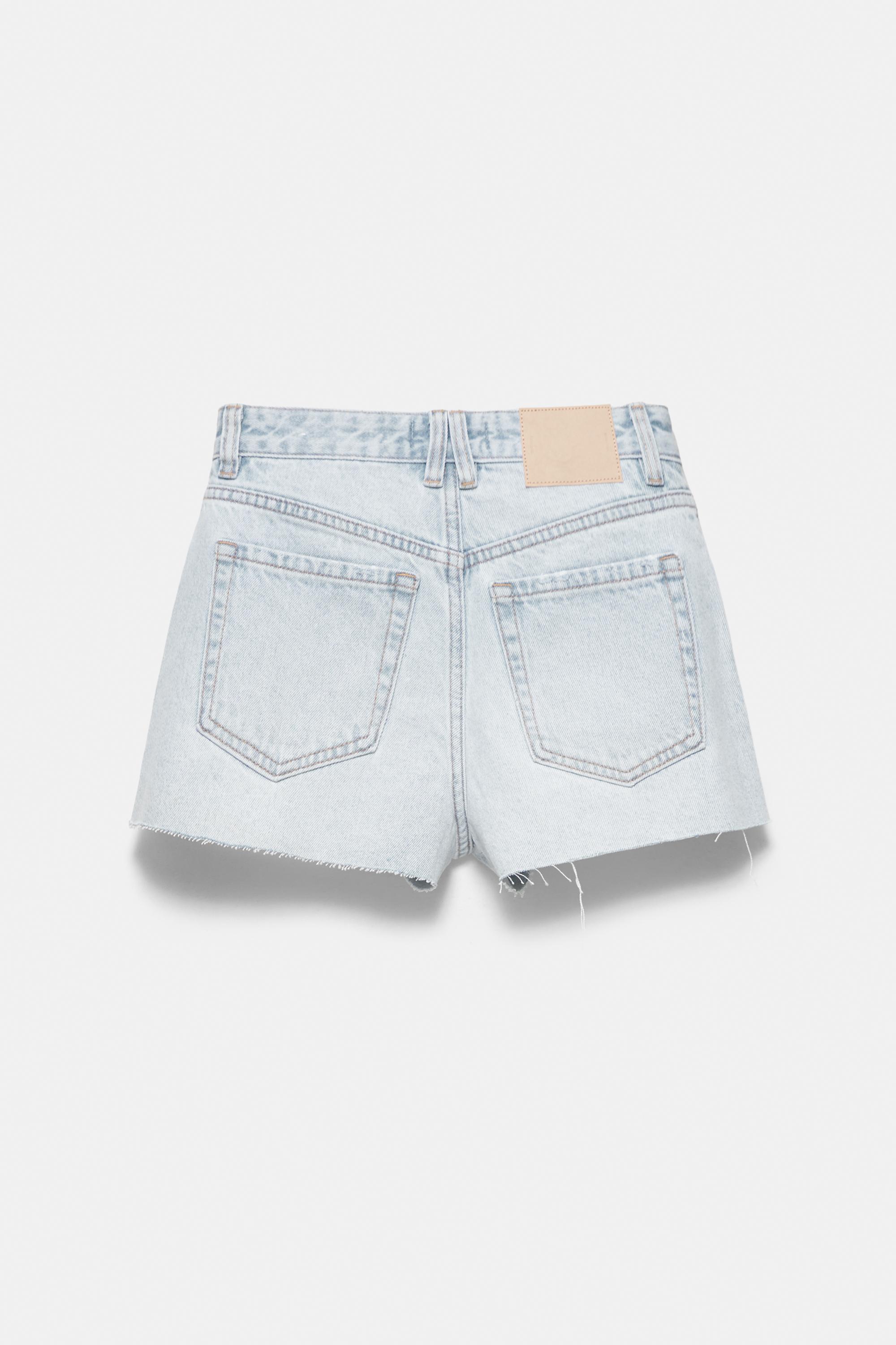 Mid-waist rhinestone denim shorts — Pale blue