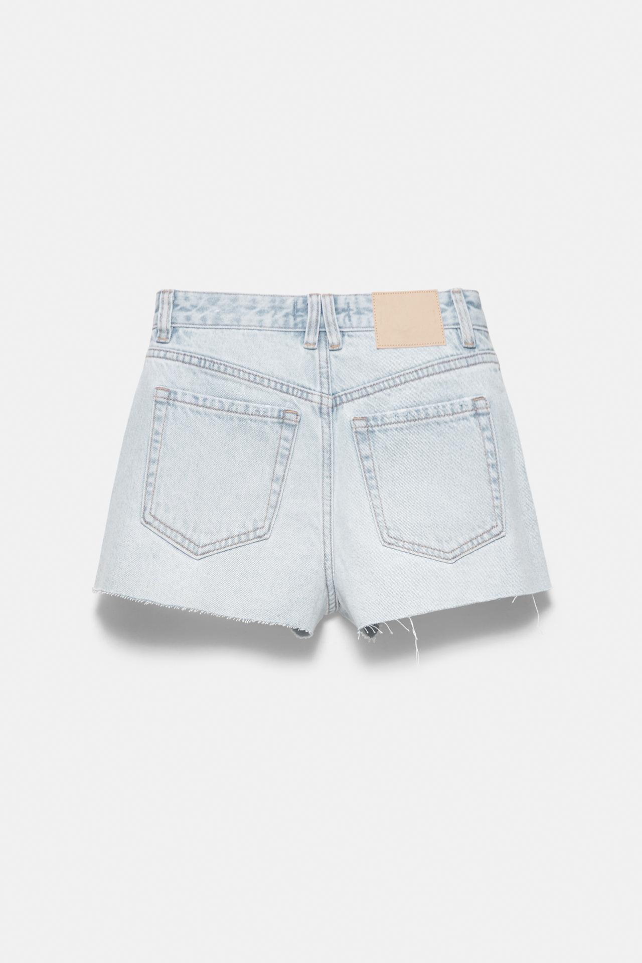 Mid-waist rhinestone denim shorts — Pale blue