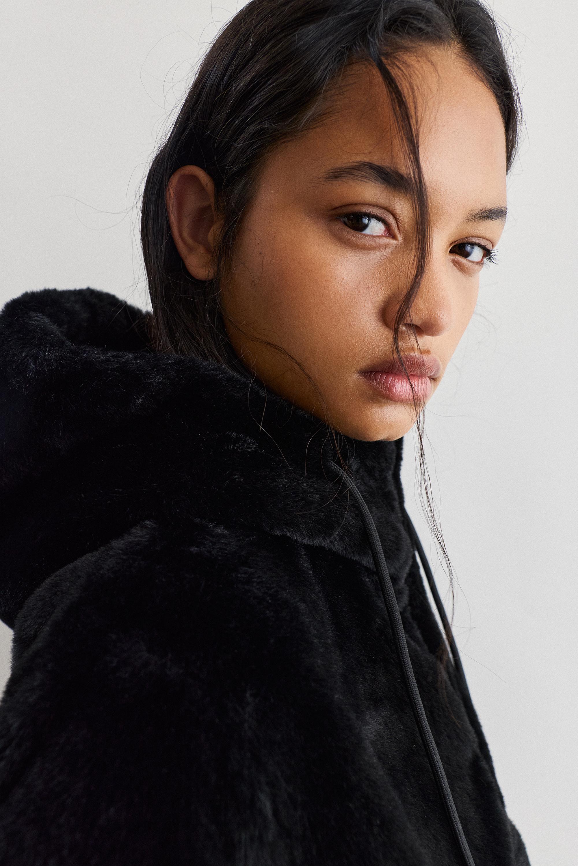 Faux fur hooded jacket — Black