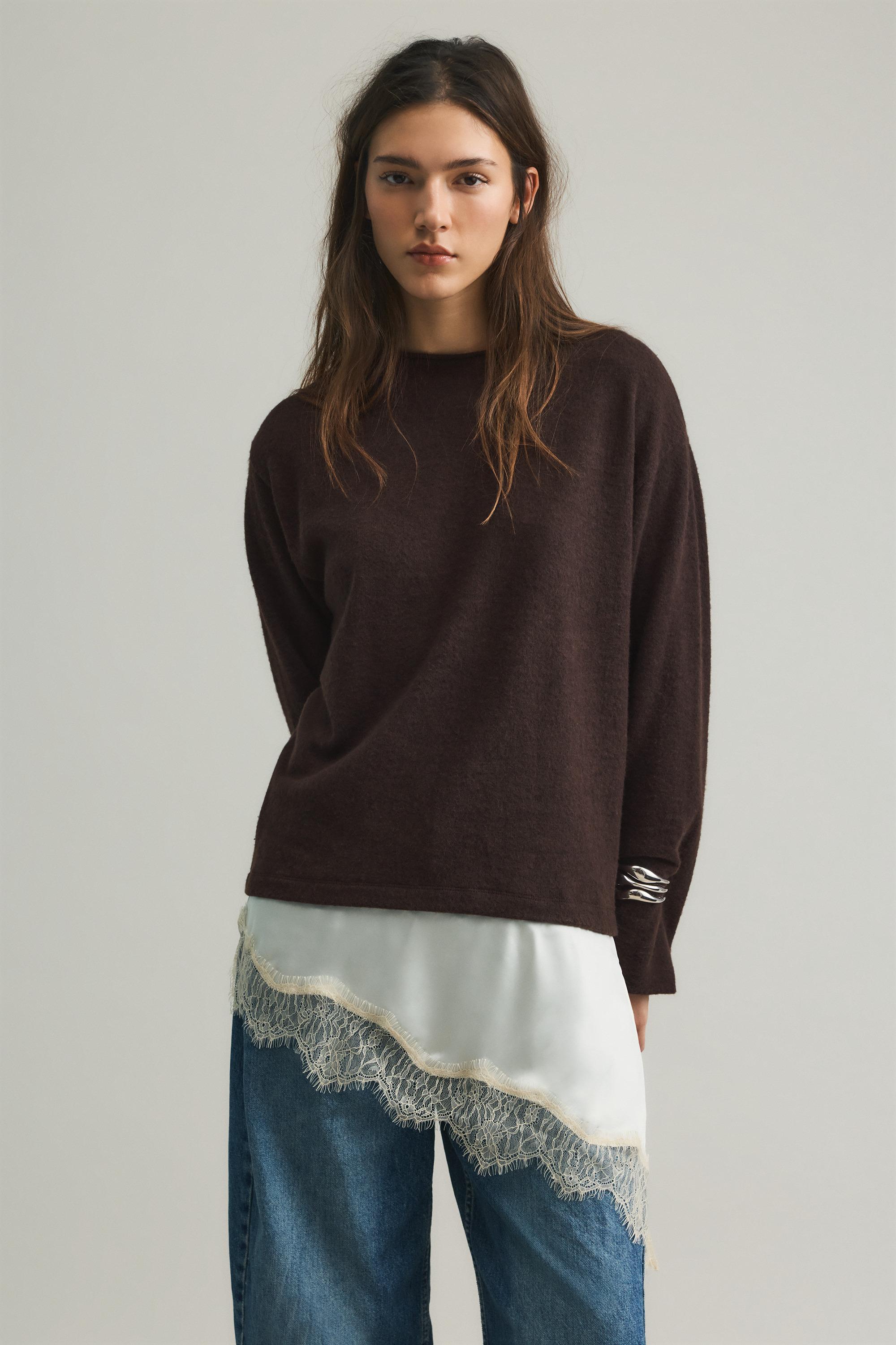 Fine lace combined jumper — Brown