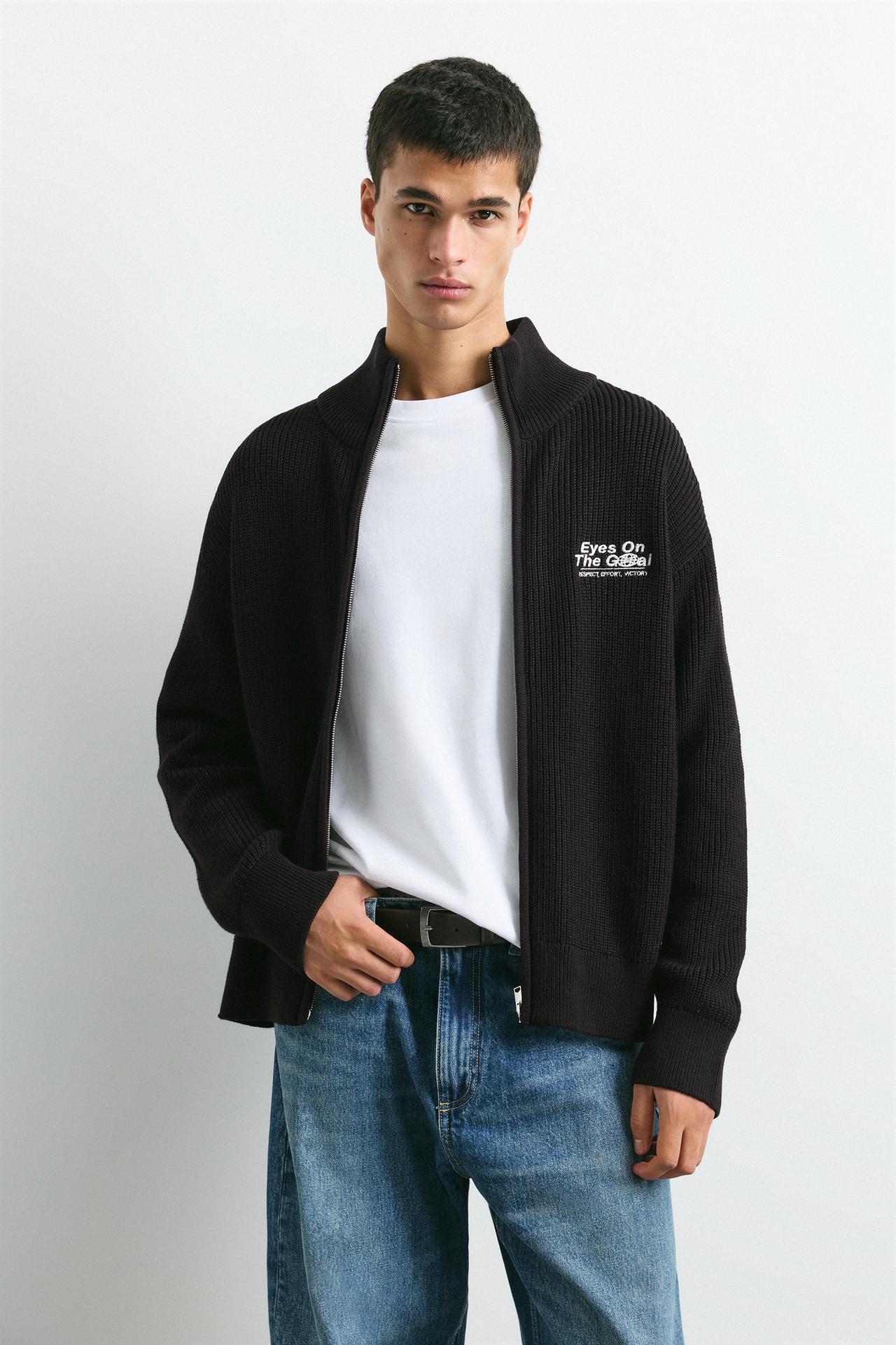Embroidered zip cardigan — Black