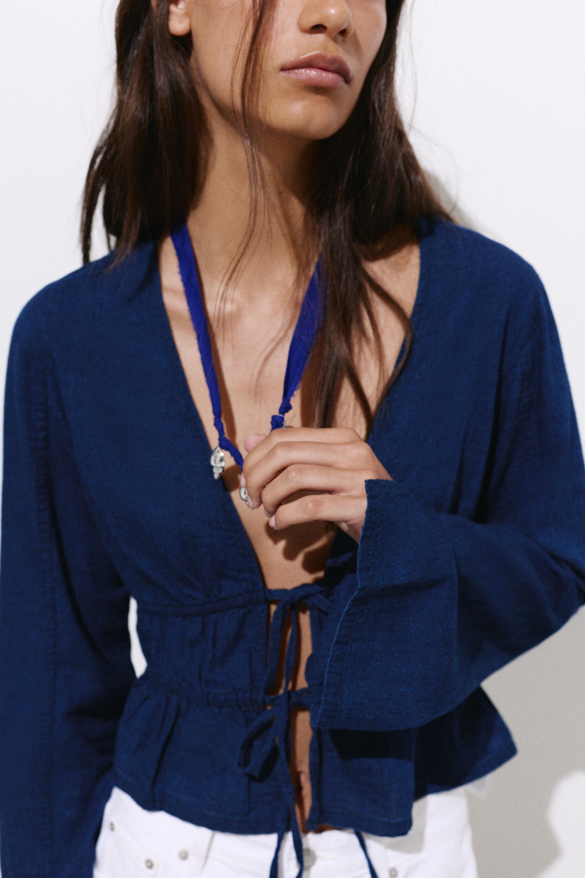 Denim blouse with ties — Dark blue