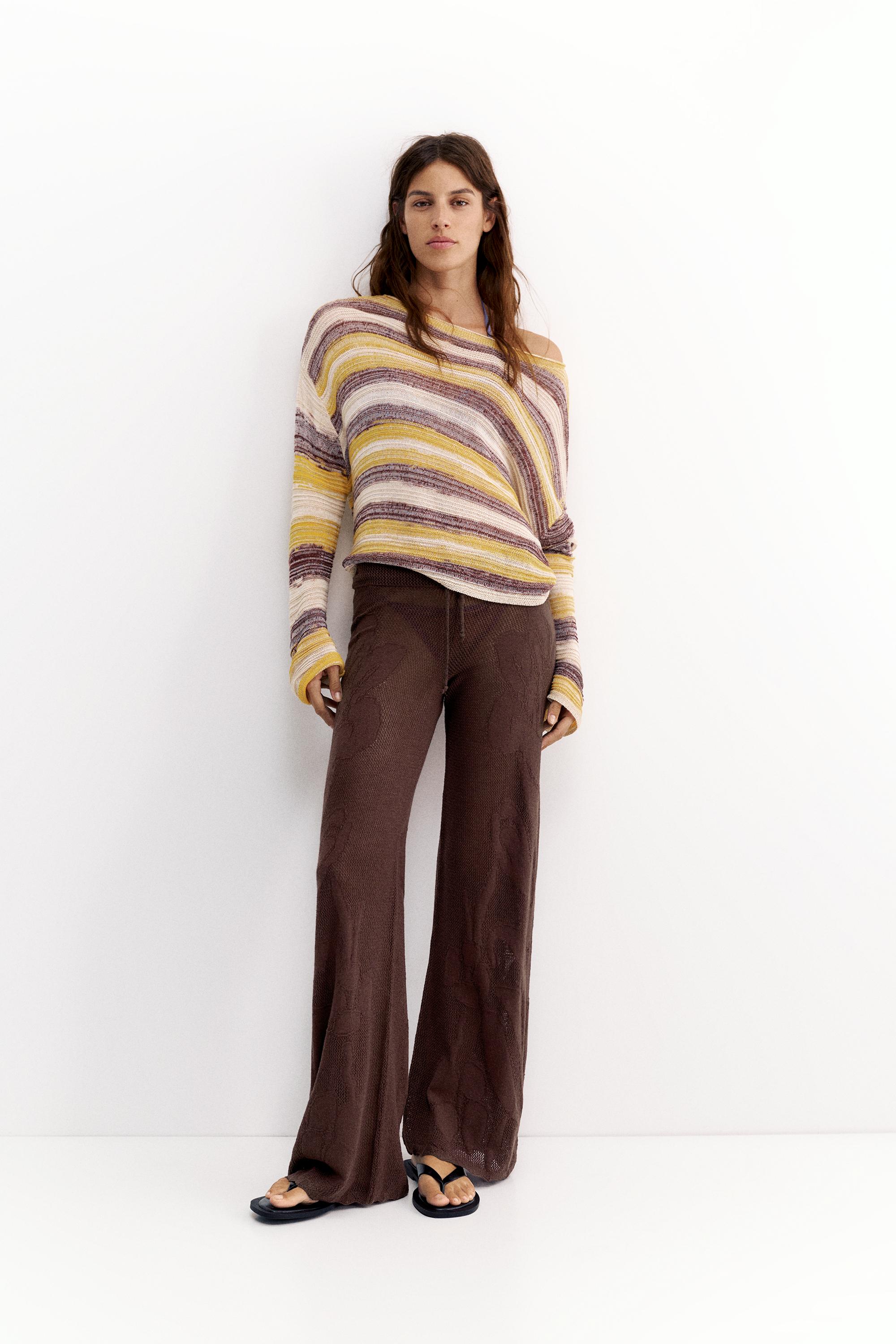 Brown floral crochet trousers — Brown
