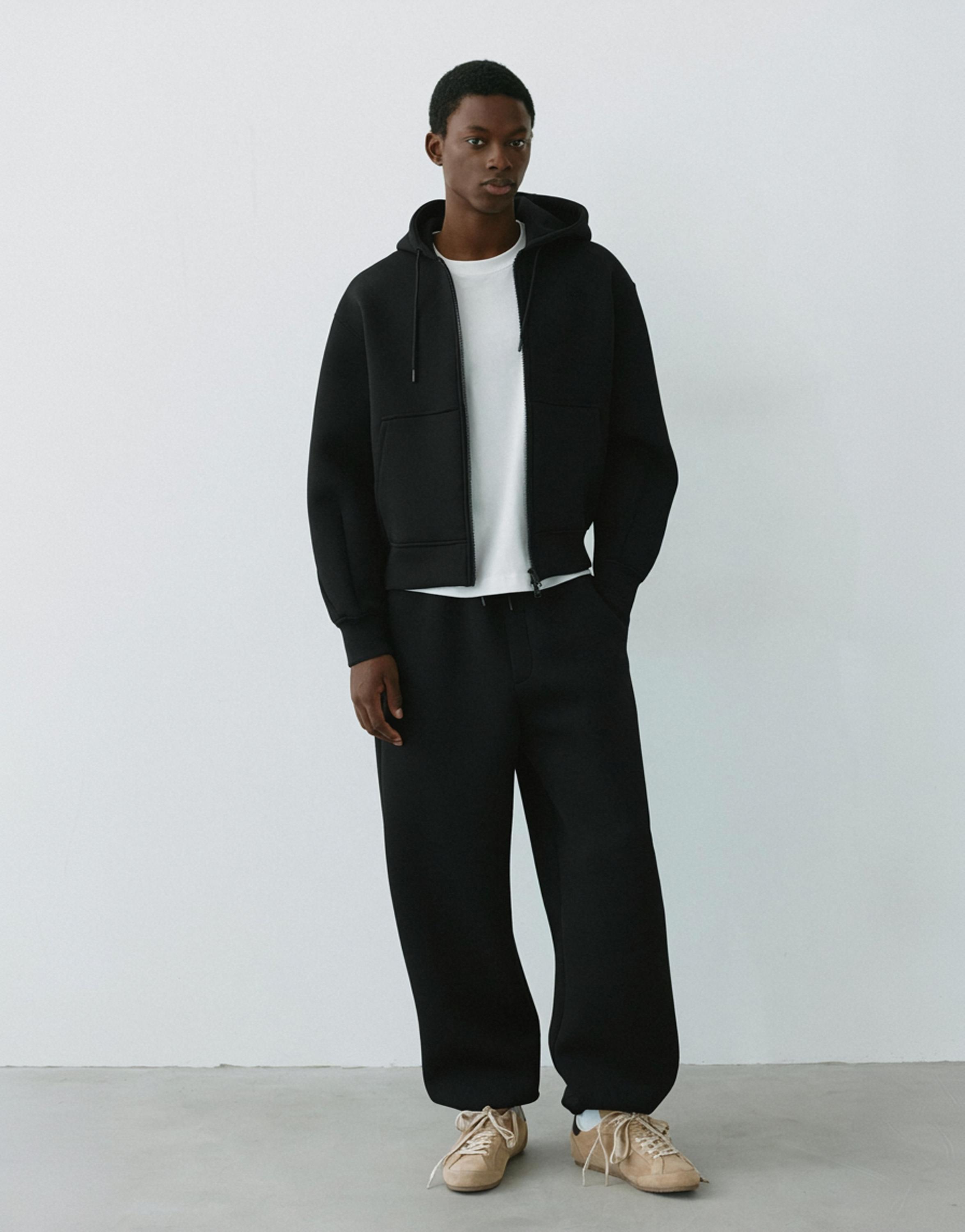 Neoprene-effect zip-up hoodie — Black