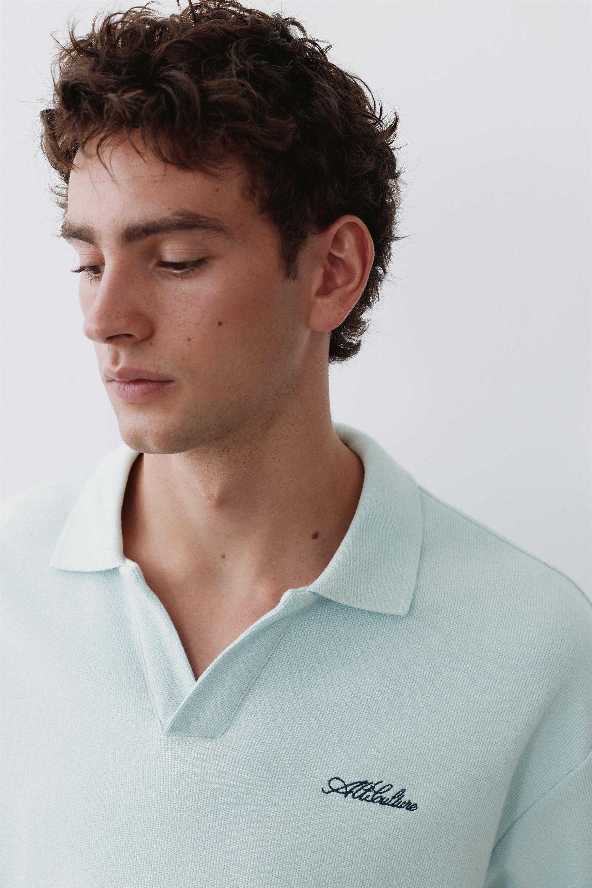 Short sleeve waffle-knit polo shirt — Sky blue