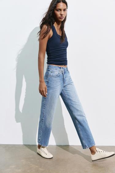Straight-leg jeans with crossover waist — Medium blue 1