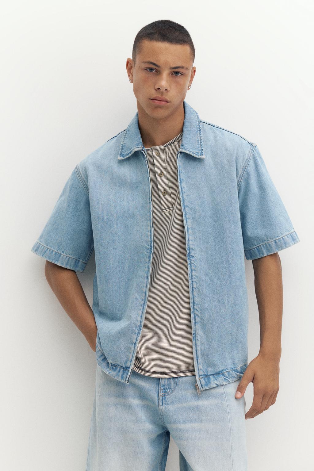 Pull&Bear Qısaqol fermuarlı cins köynək