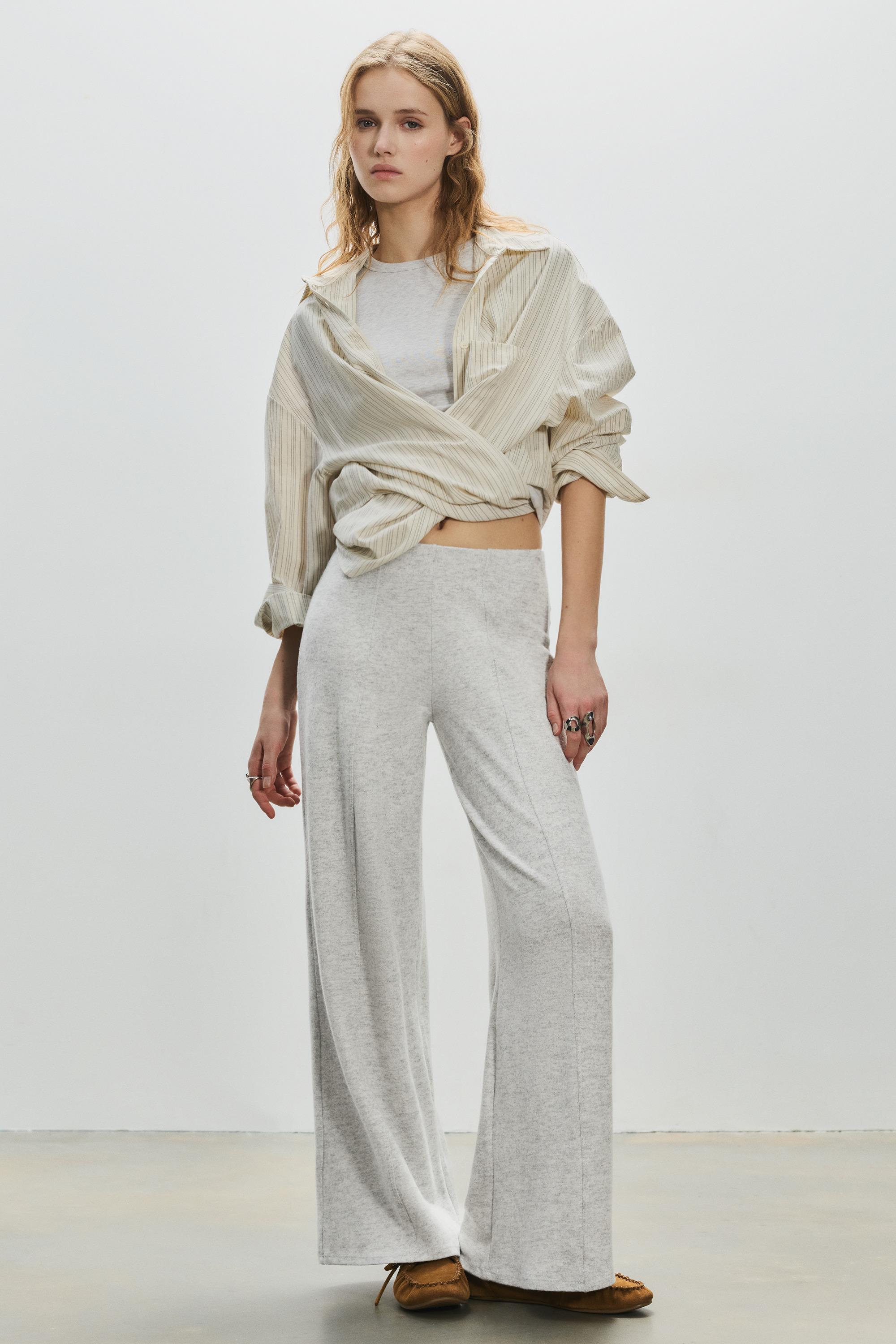 Wide-leg soft touch trousers — Pale marl