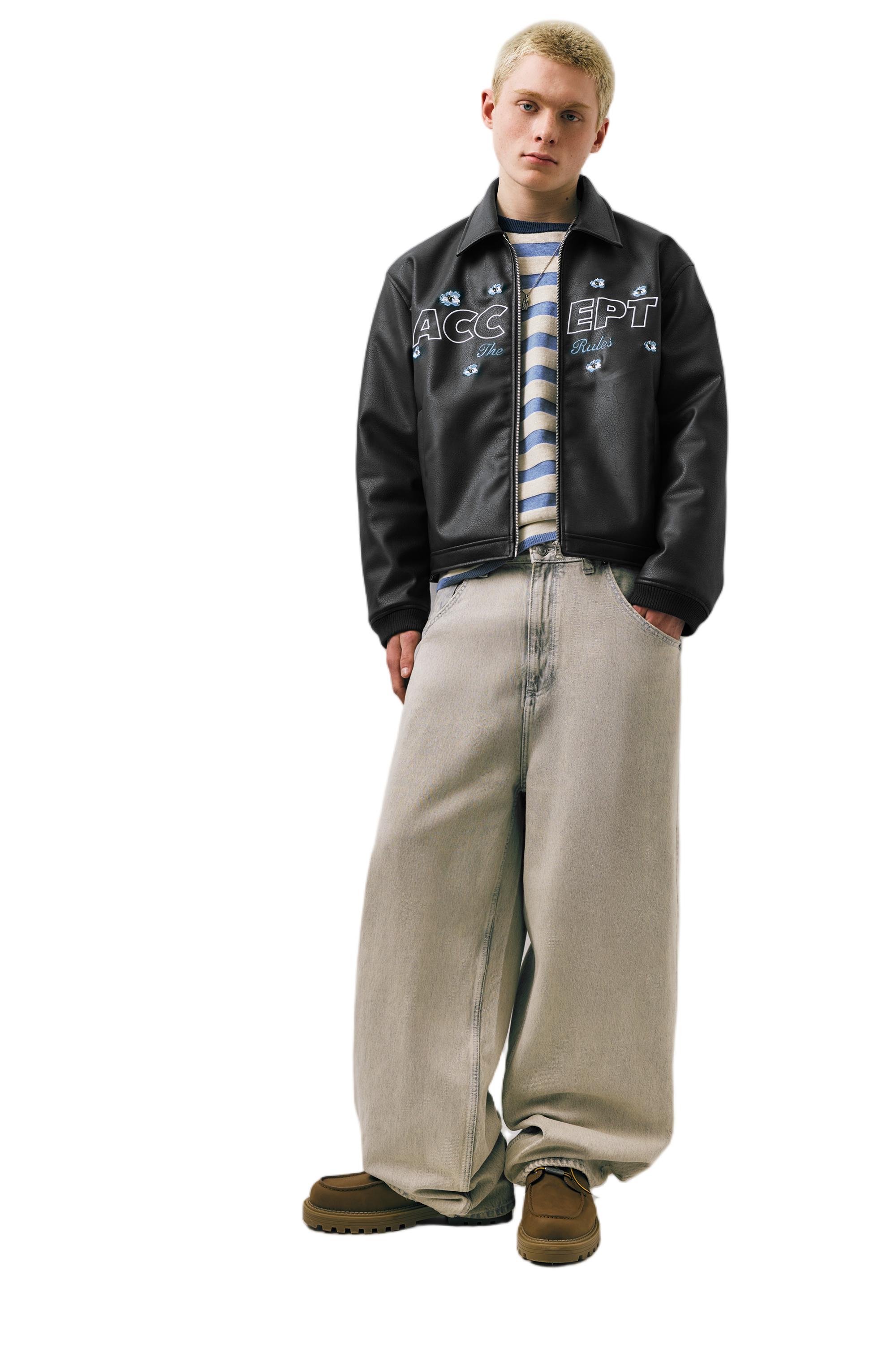 Faux leather jacket with flowers — Black