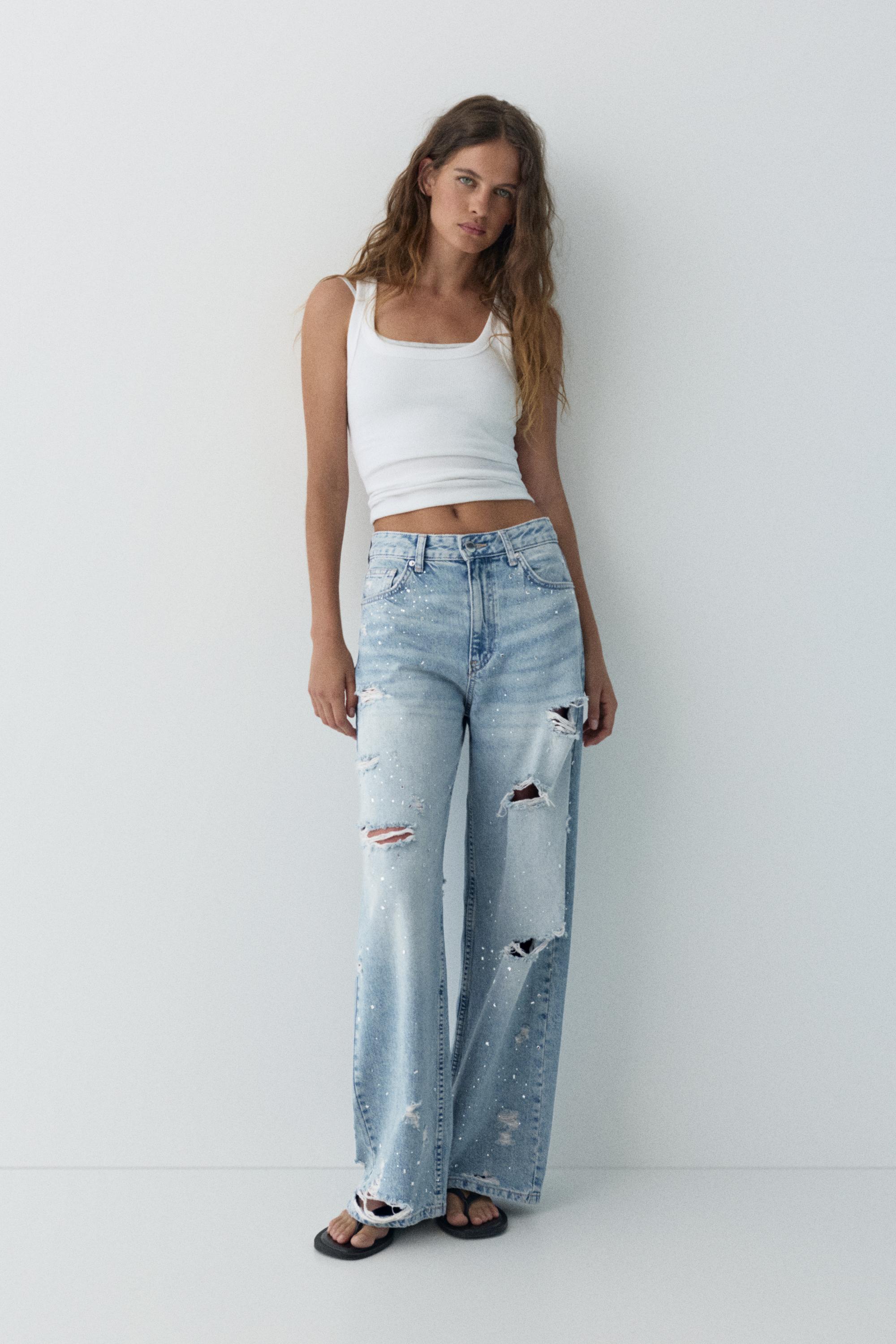 Jeans Baggy Strappati Con Brillantini