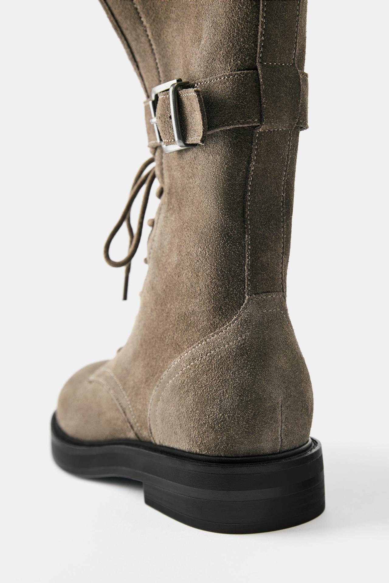 Lace-up flat leather boots — Taupe