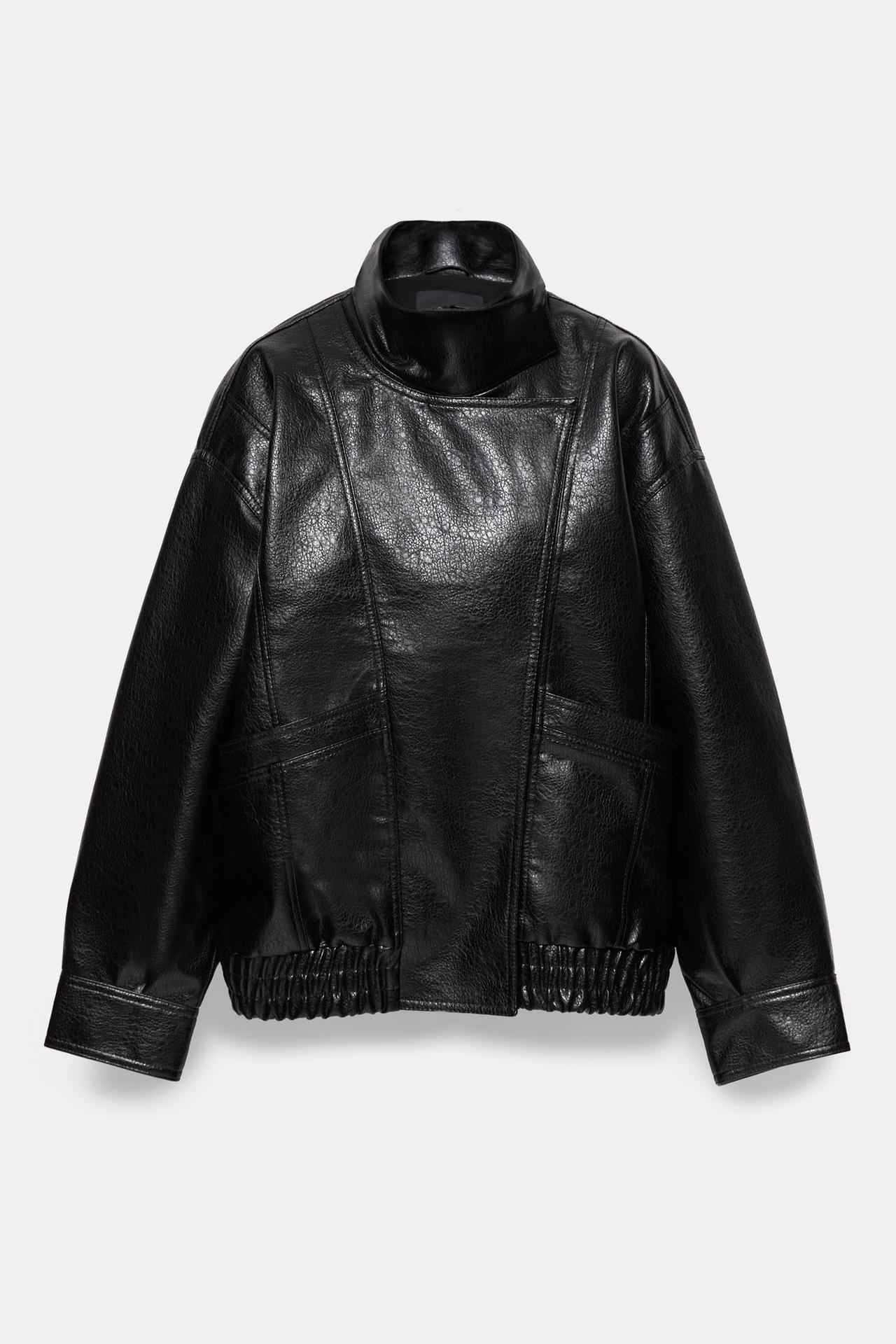 Leather effect high neck jacket — Black