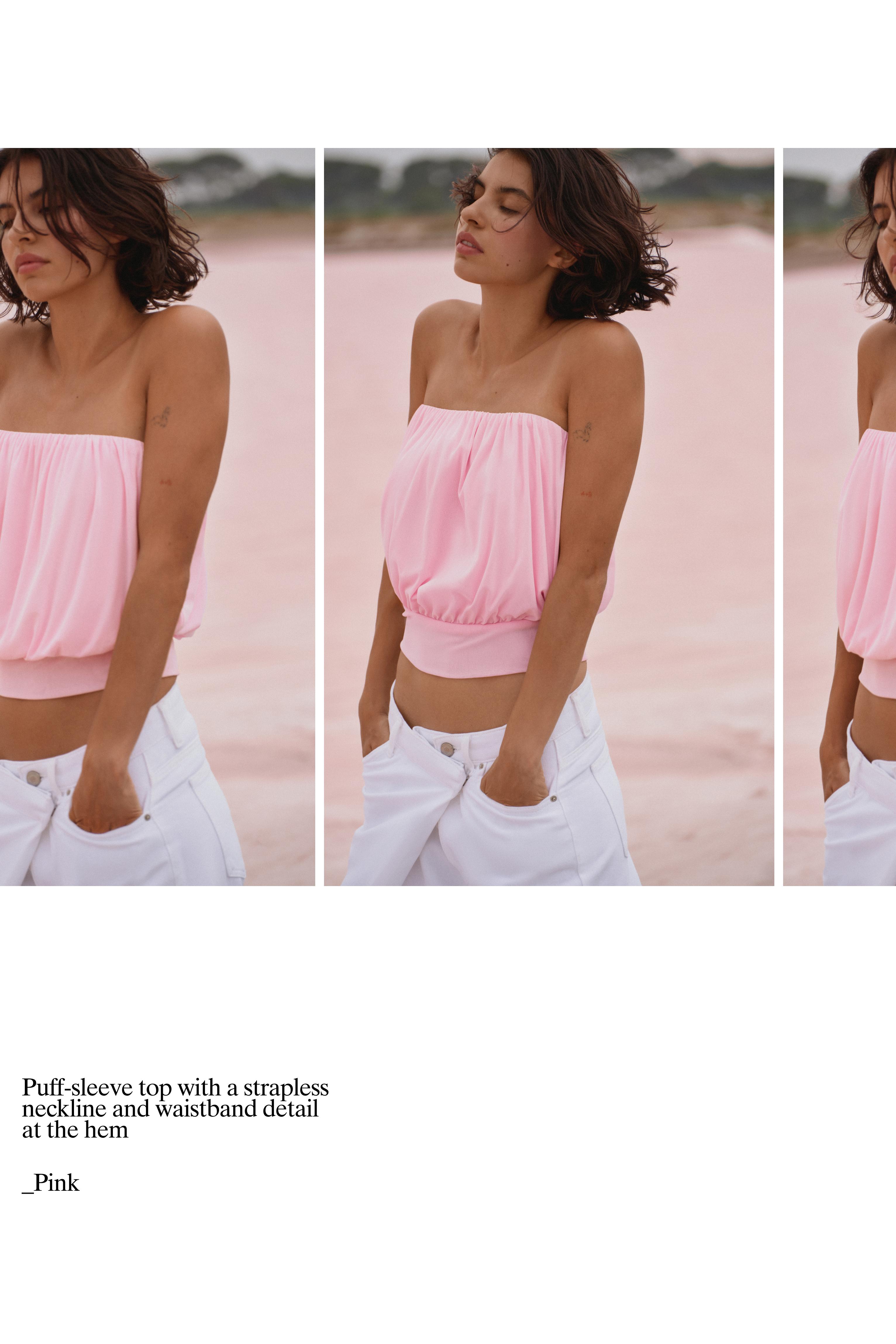Strapless top with waistband — White/Pink