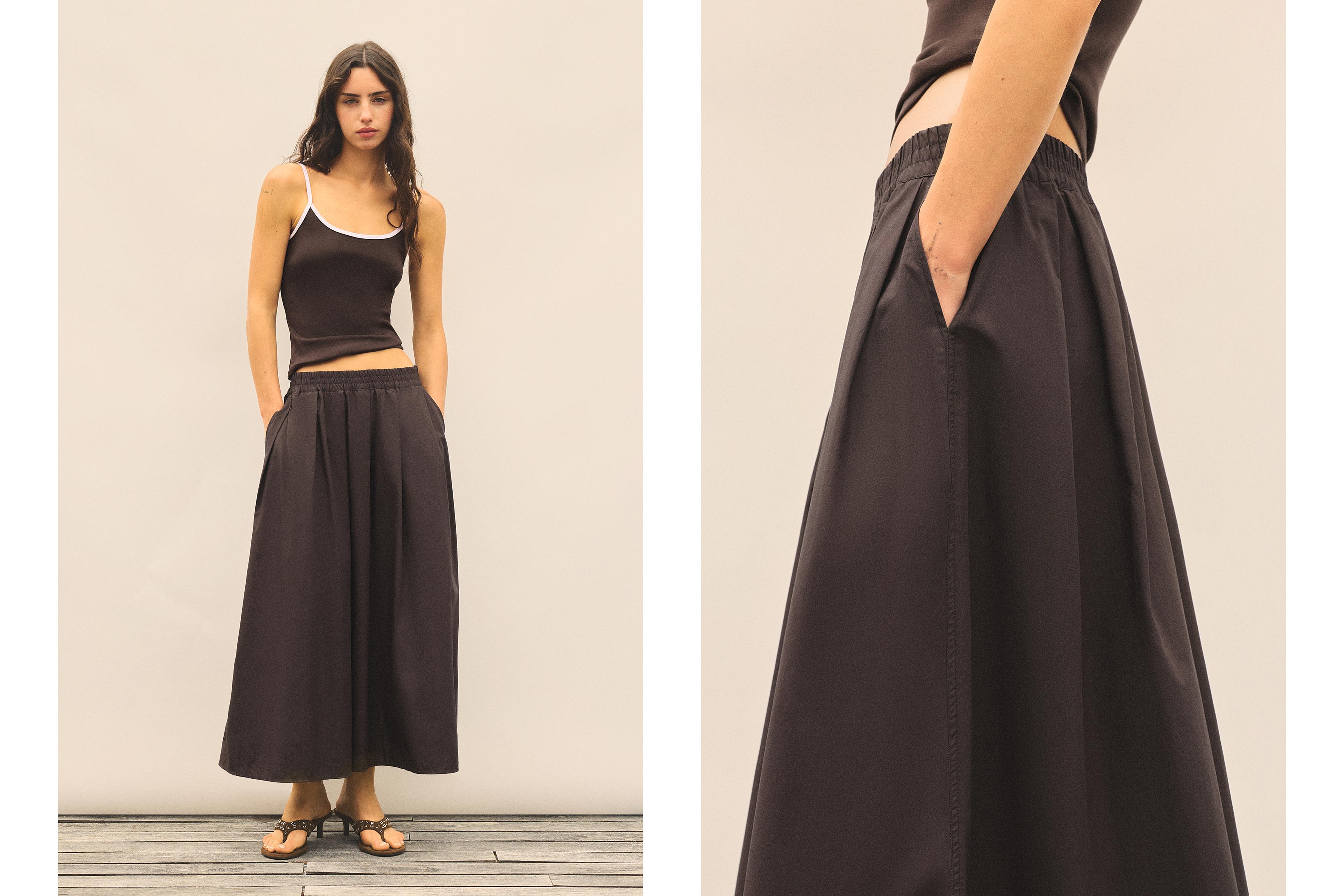 Long poplin skirt — Brown