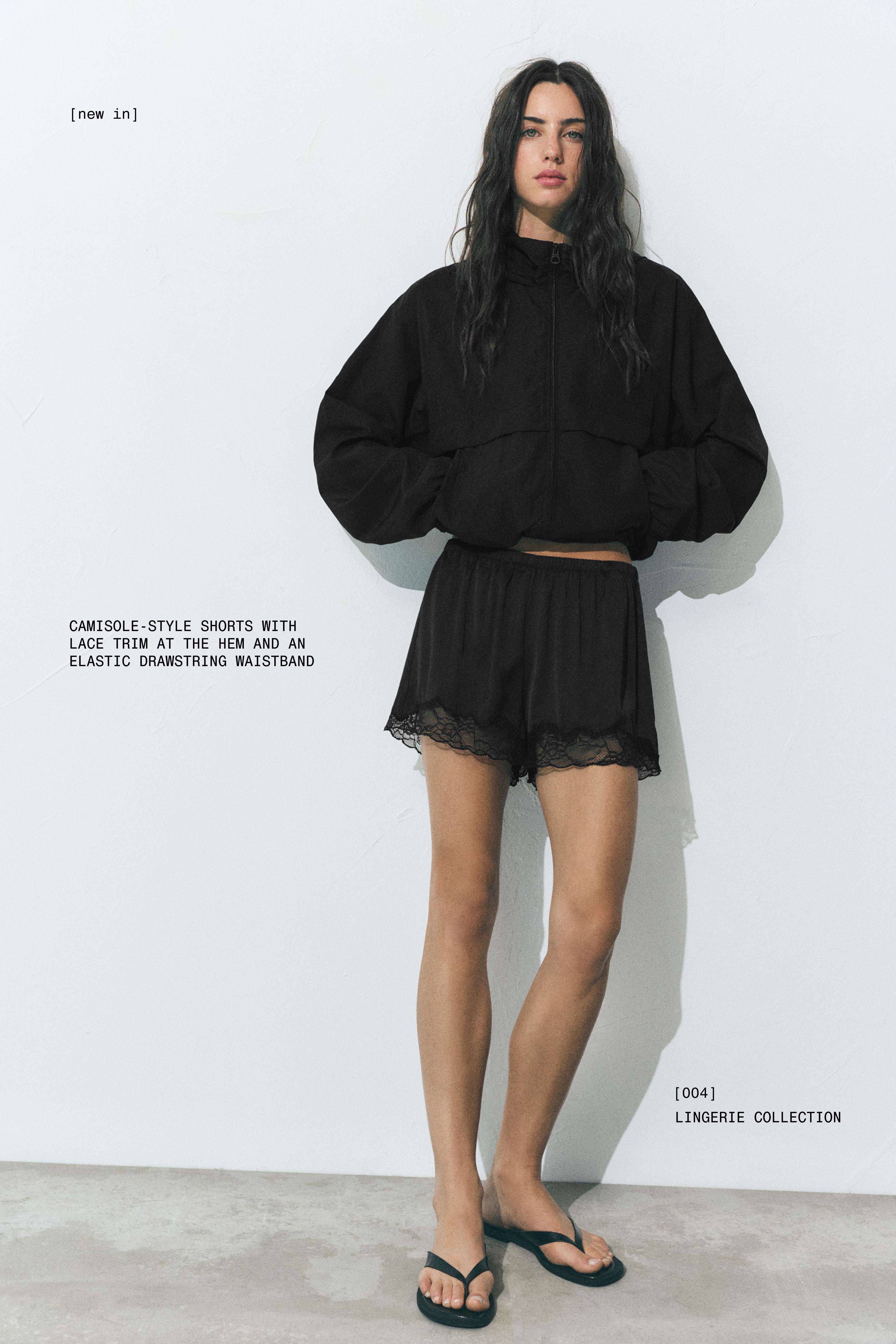 Satin lace cami shorts — Black