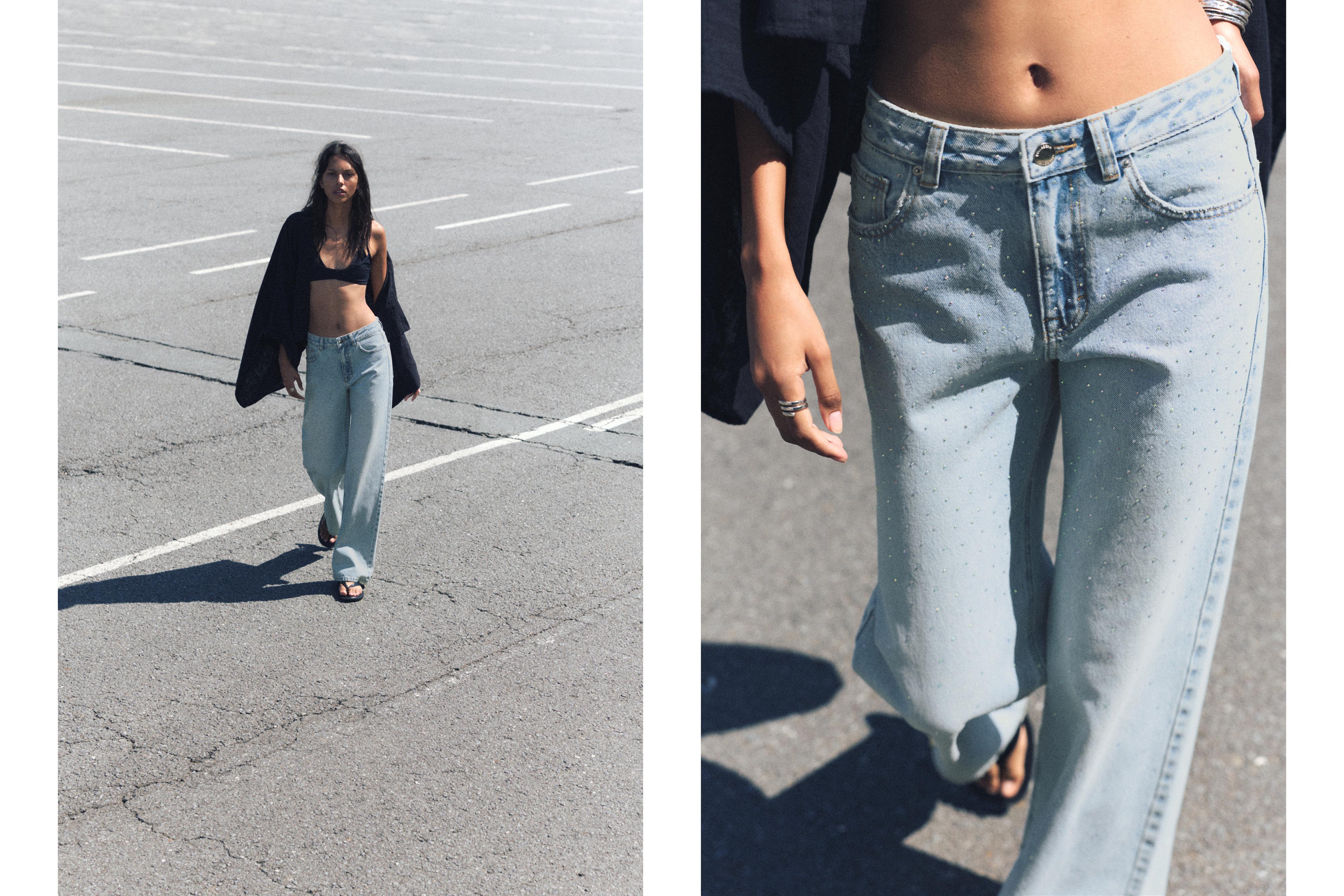 Straight-leg baggy jeans with rhinestones — Pale blue