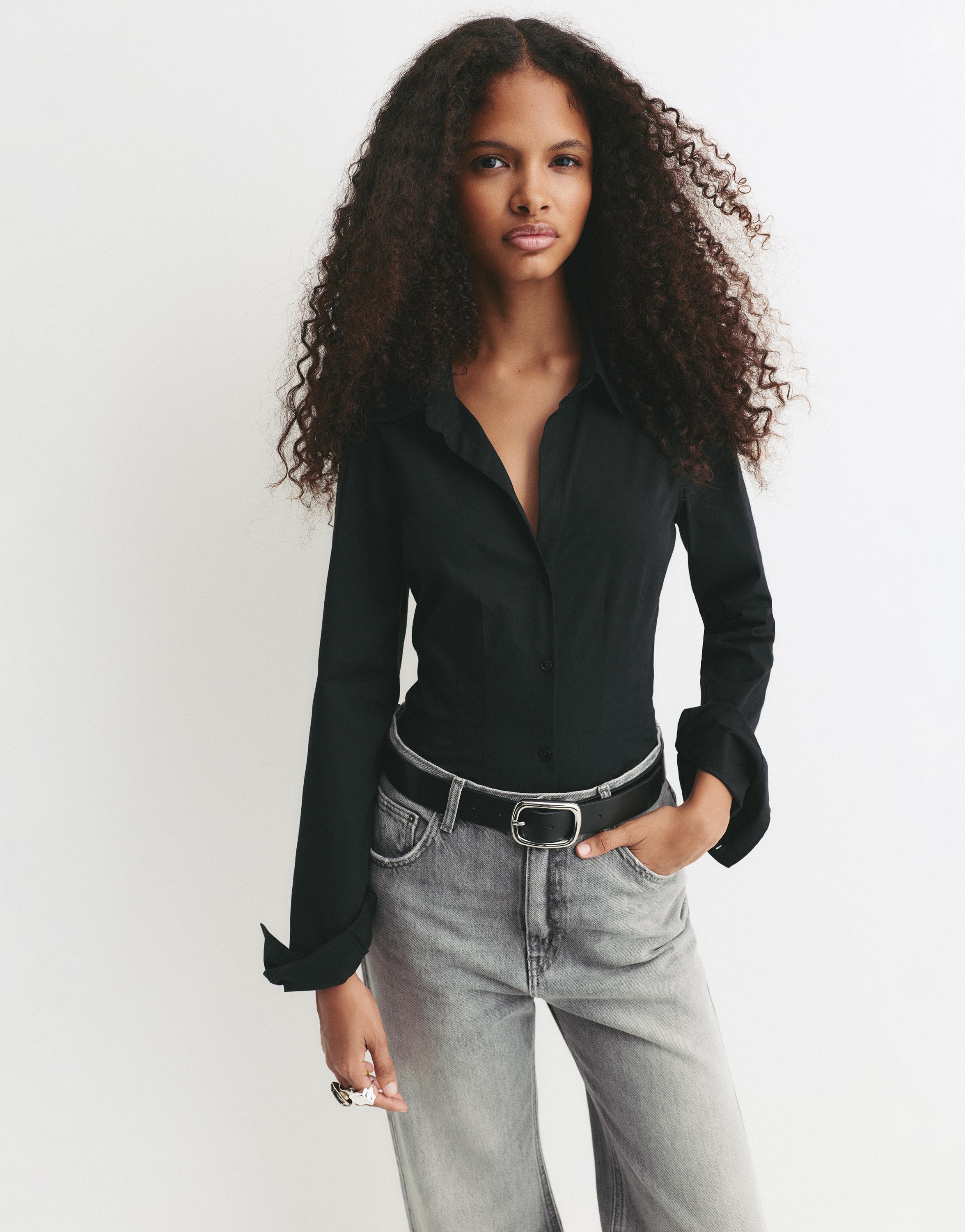 Poplin yırtmaçlı dar kesim gömlek - Görsel 20