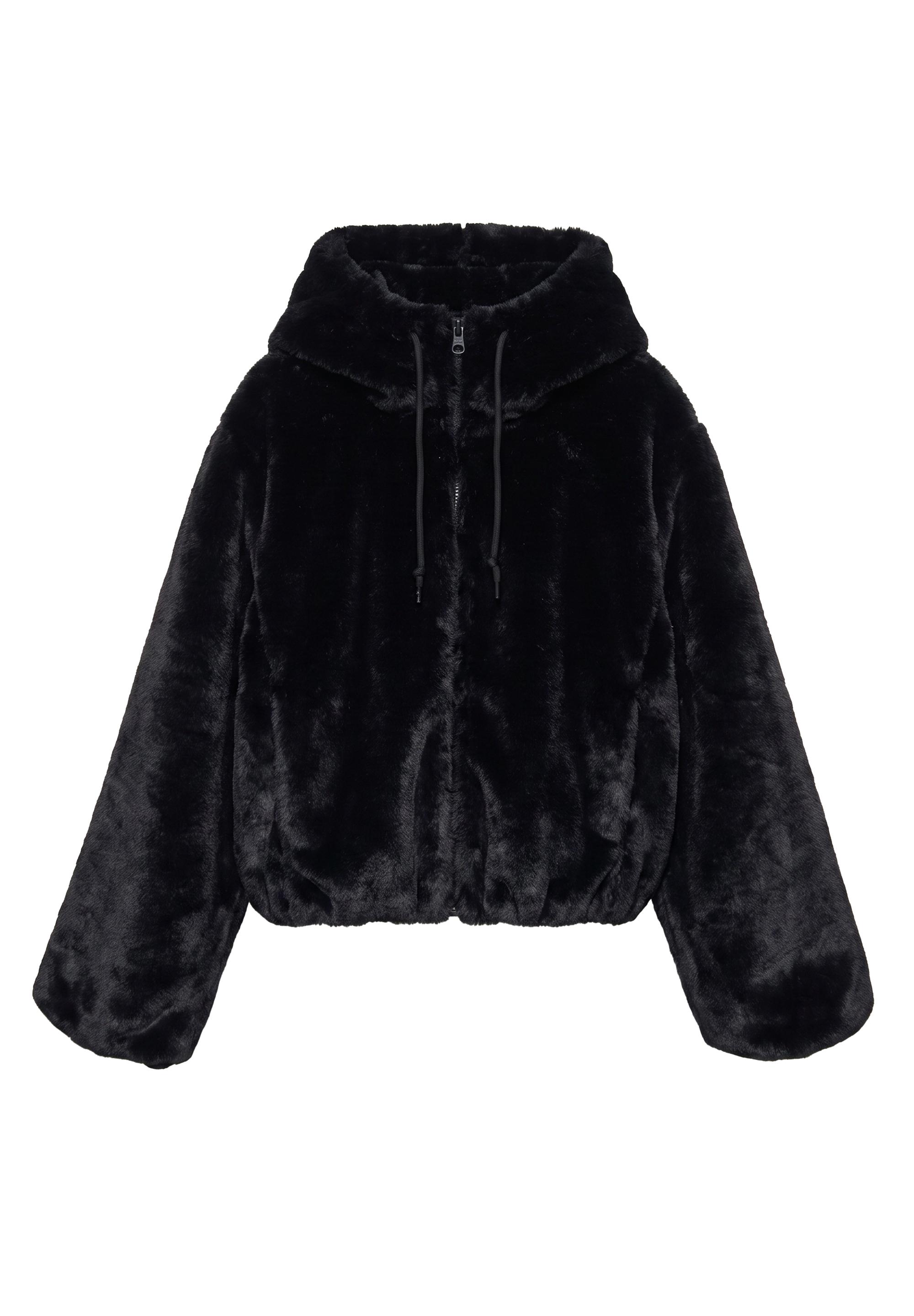Hooded faux fur jacket — Black