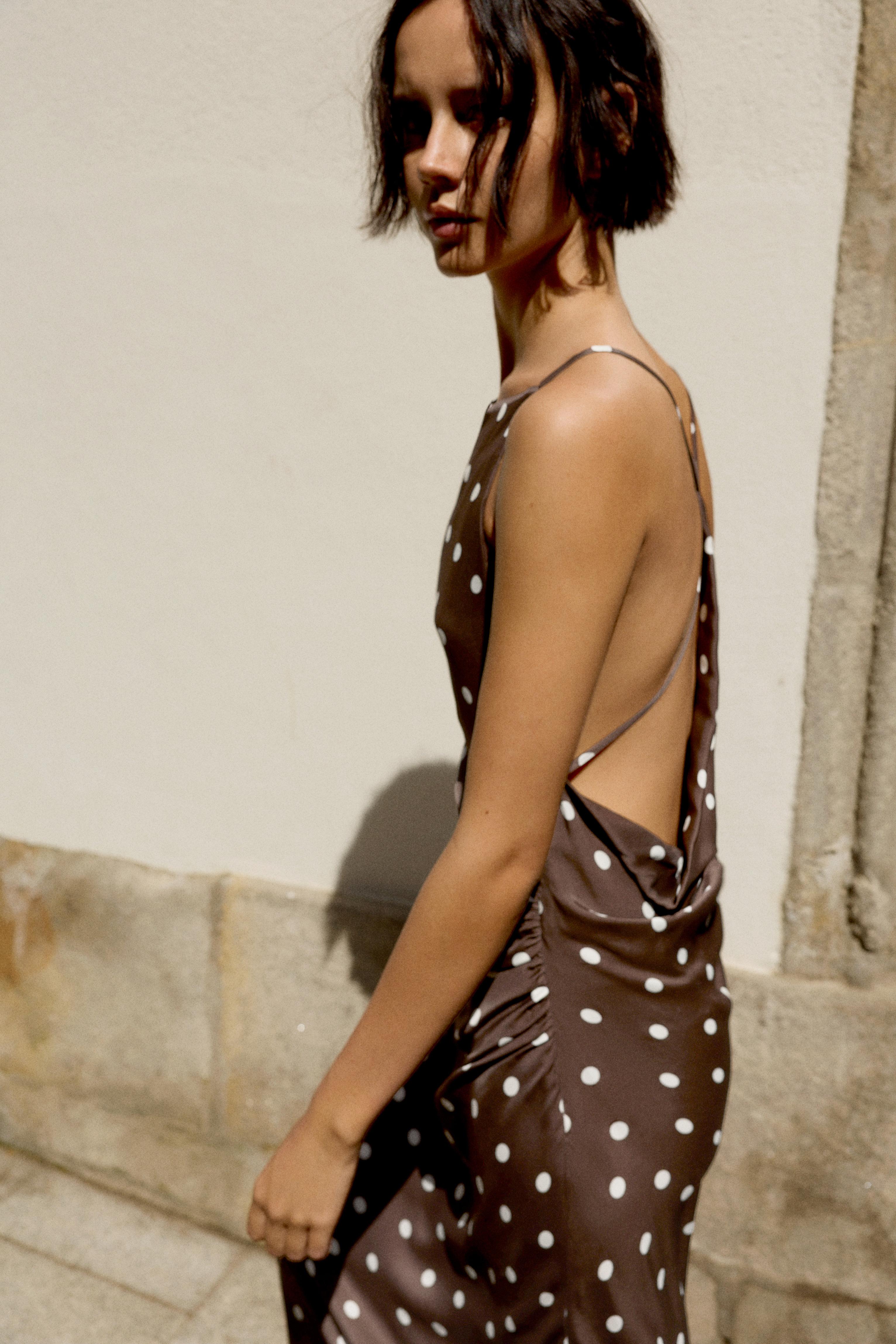 Draped polka dot satin dress — Brown