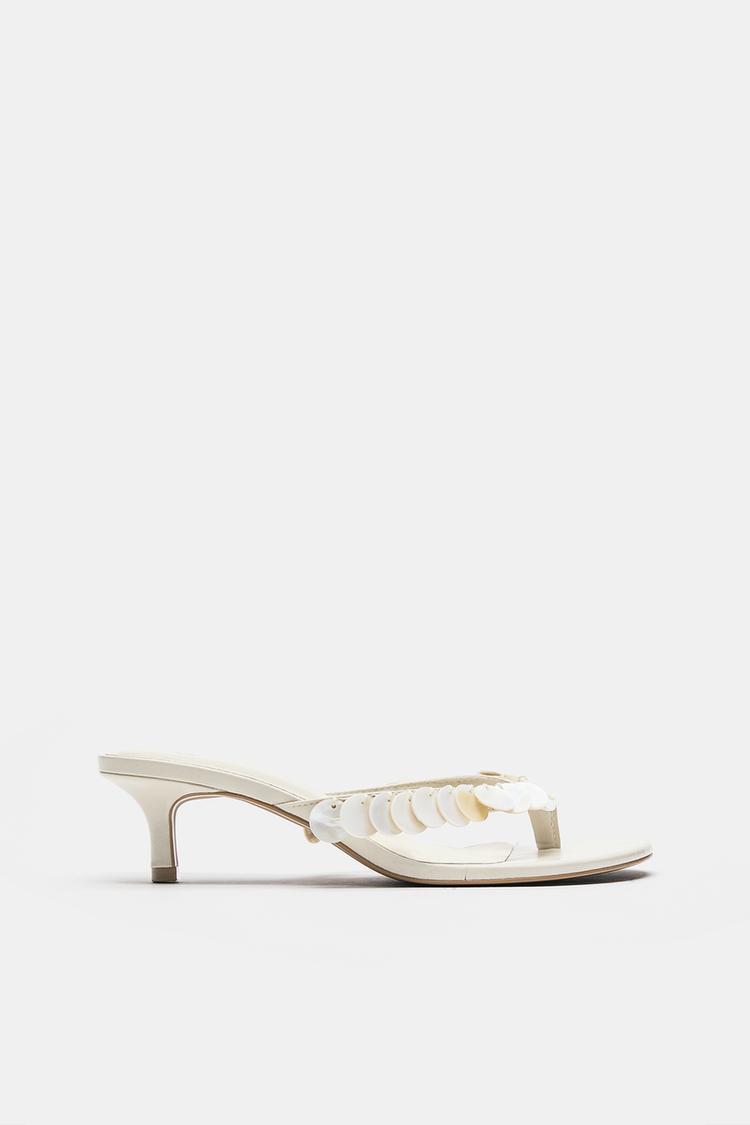 Beaded heeled sandals — Ecru