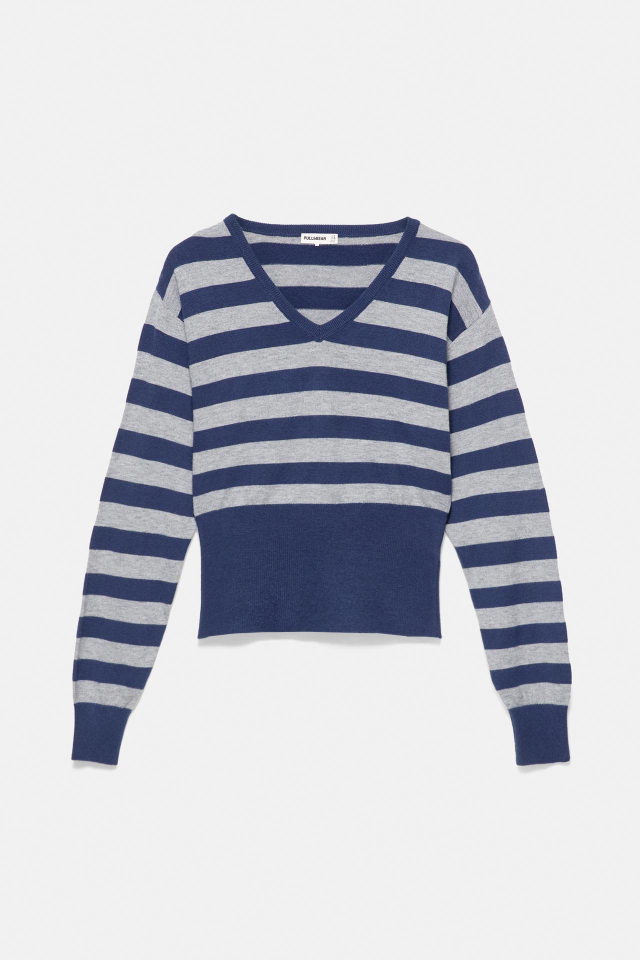 Striped V-neck jumper — Navy