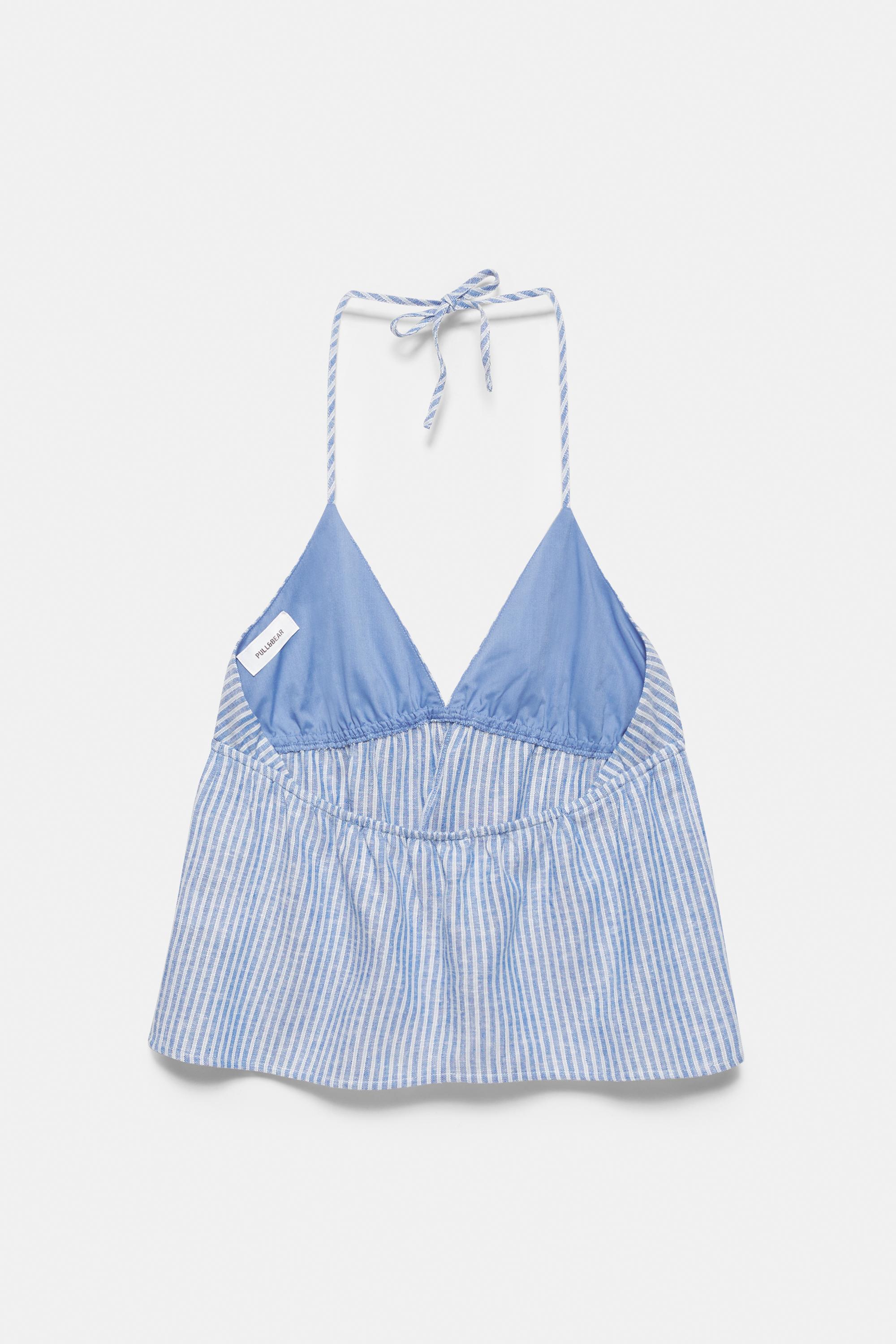 Striped linen blend halter top — Blue
