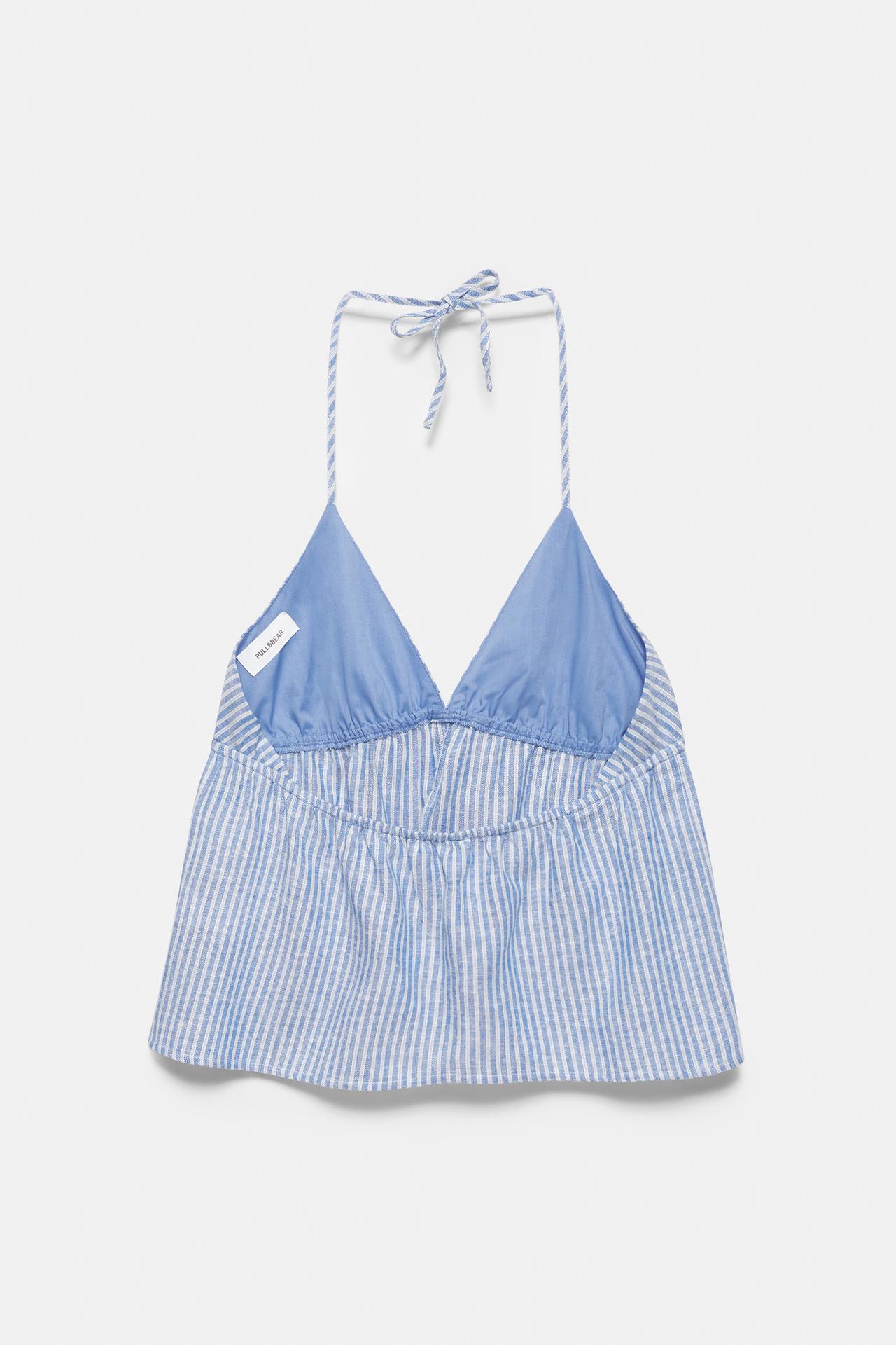 Striped linen blend halter top — Blue