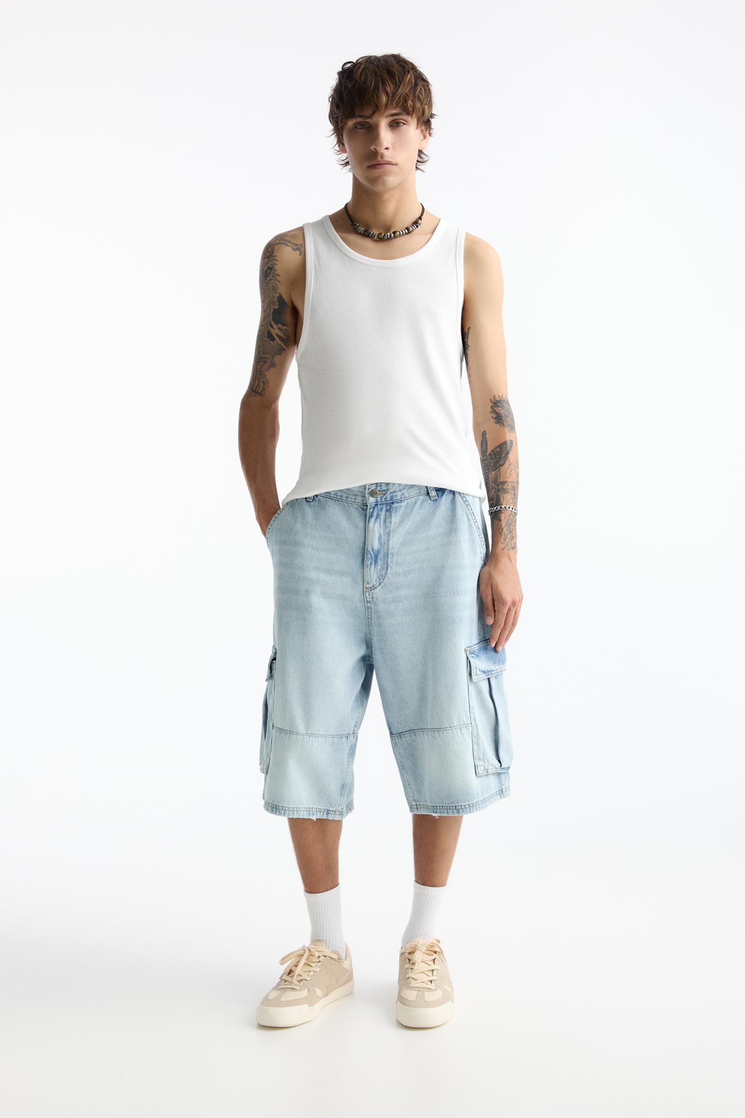 Washed cargo skater denim Bermuda shorts pull bear