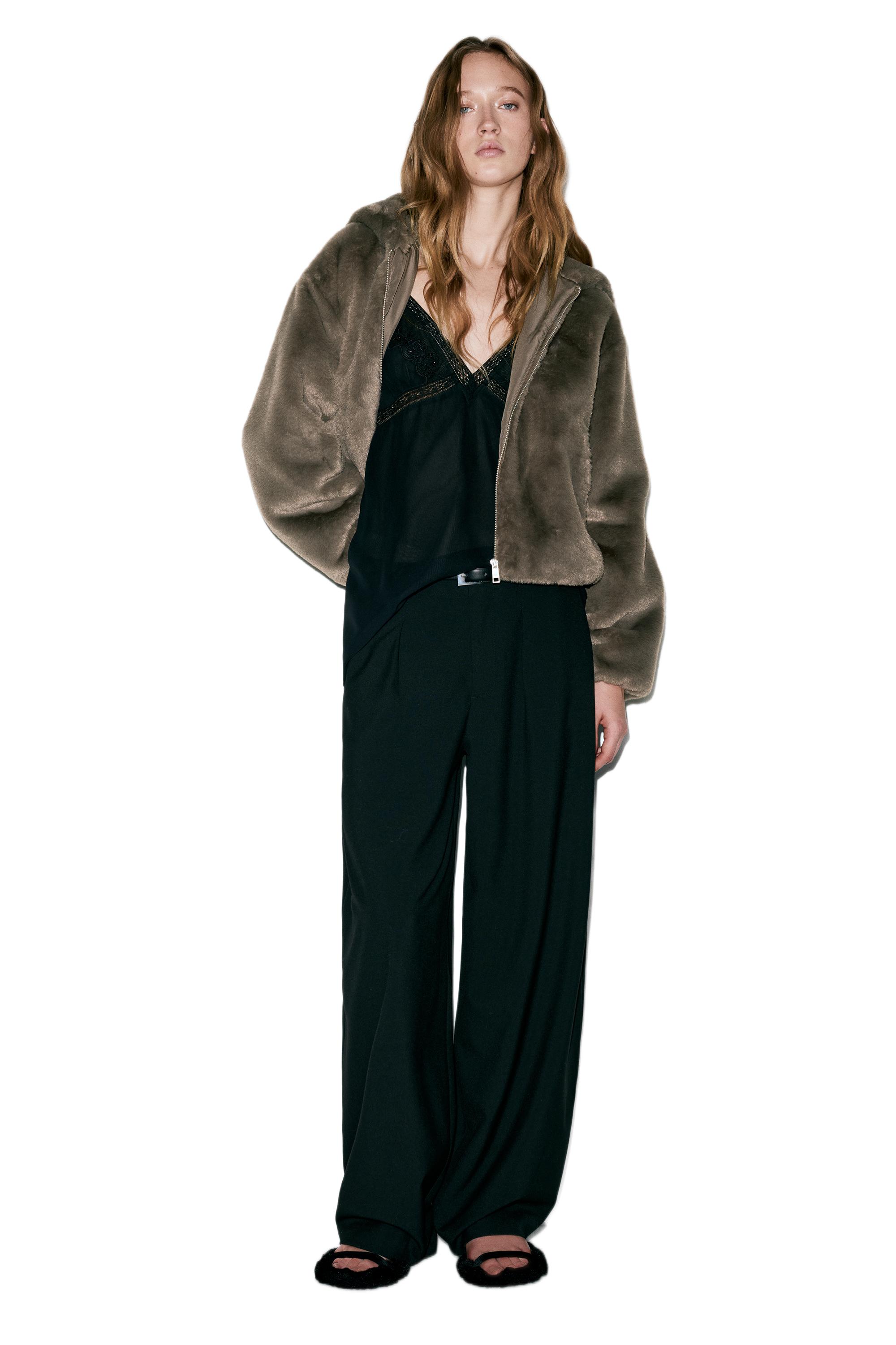 Kapüşonlu suni kürk ceket - Görsel 18