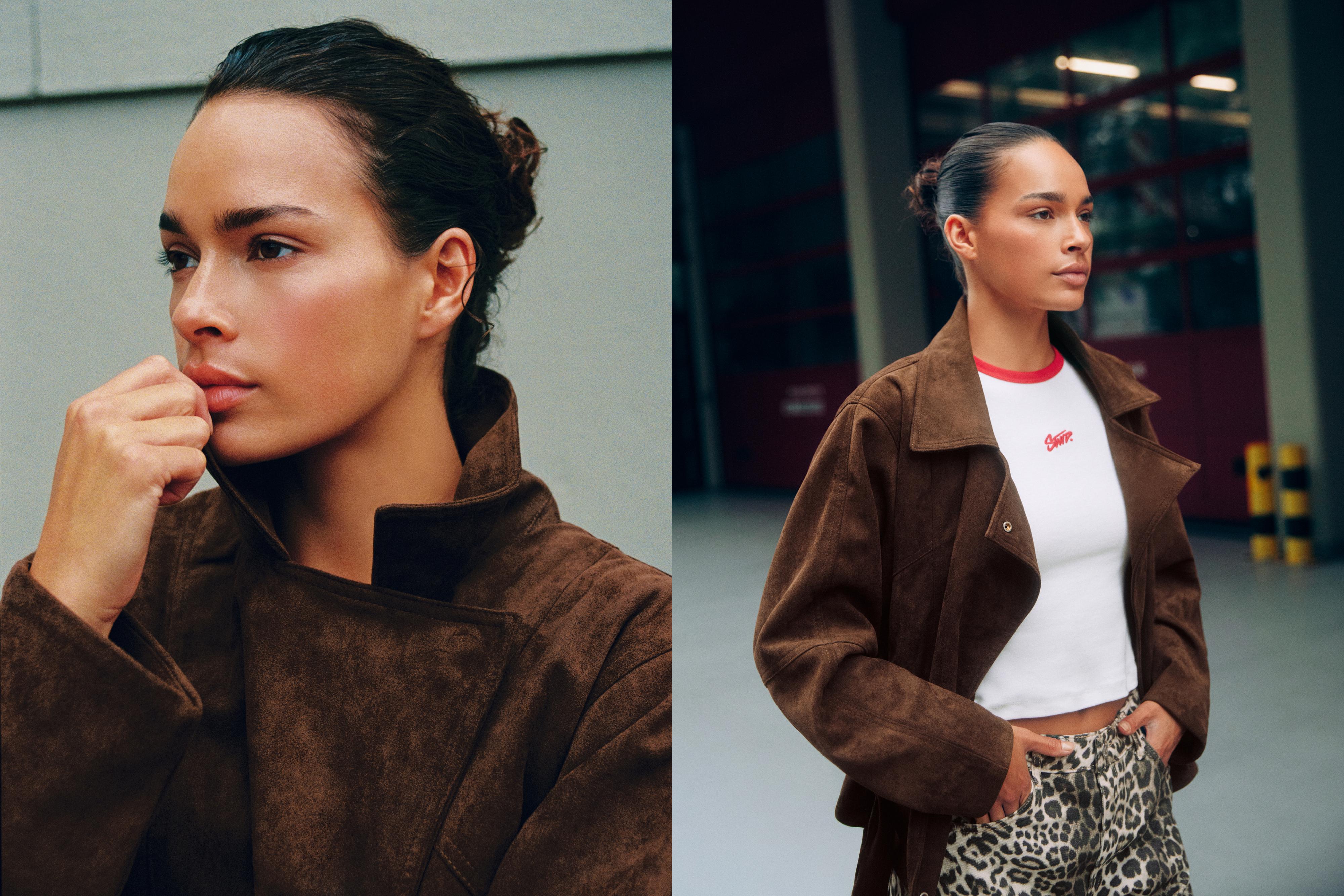 Faux suede short trench coat — Brown