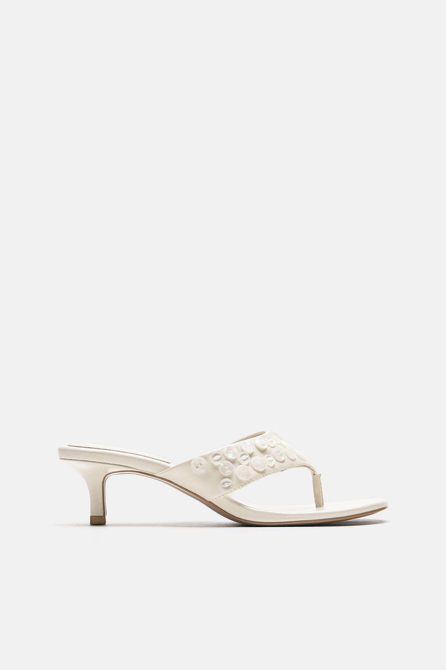 Heeled sandals with button detail — Ecru