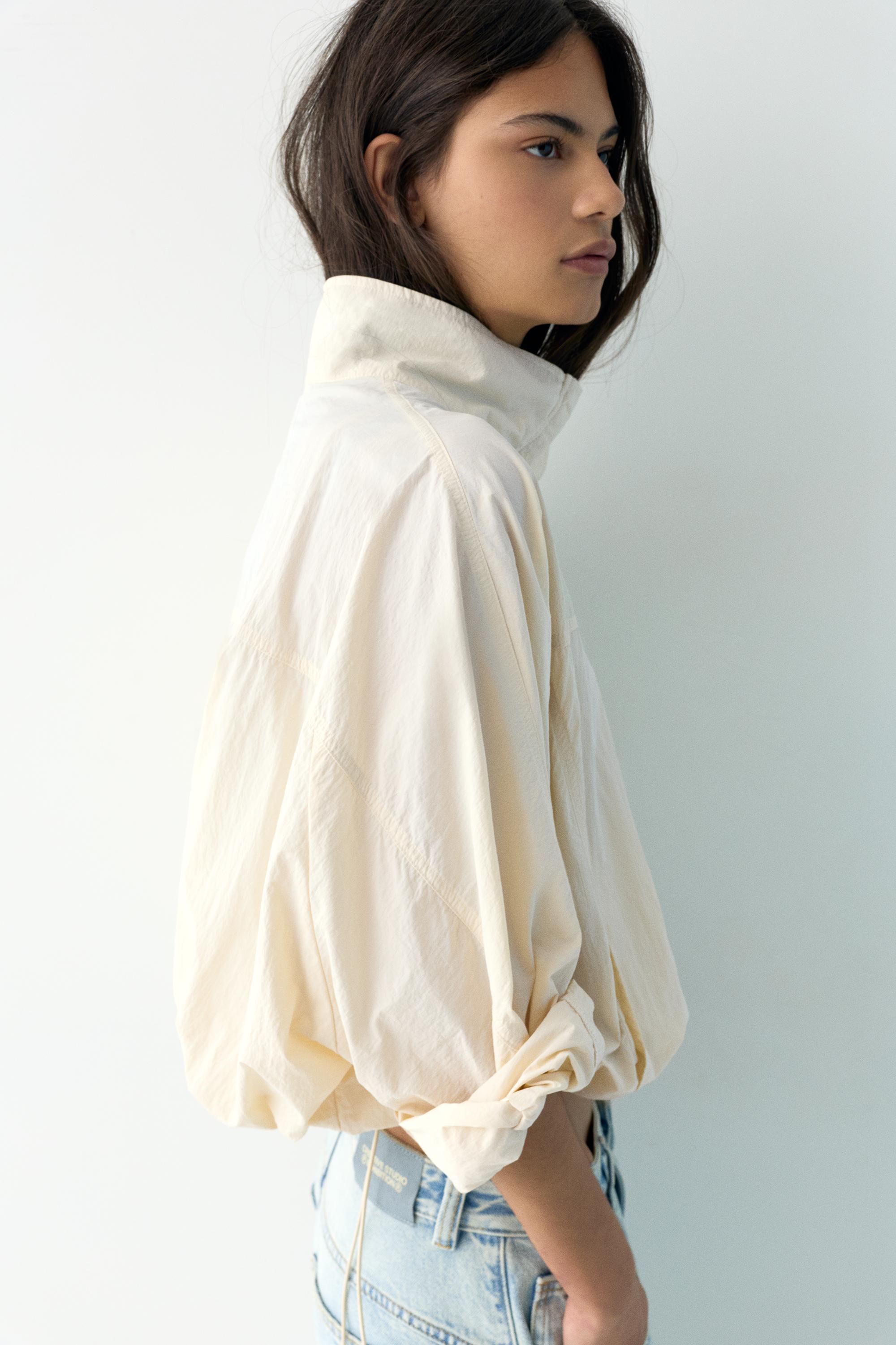 Short nylon-effect jacket — Ecru