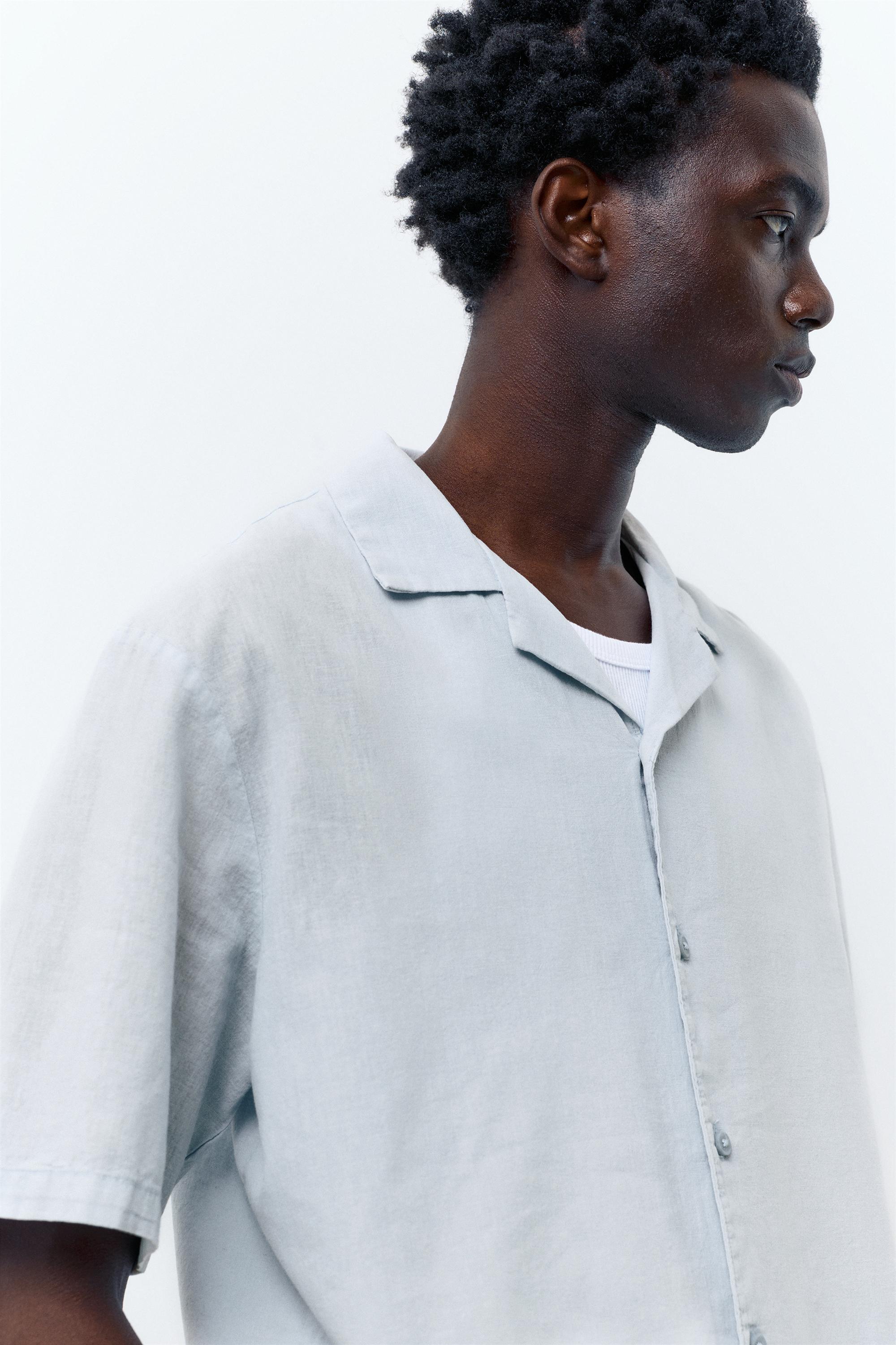 Short sleeve linen blend shirt — Pale blue