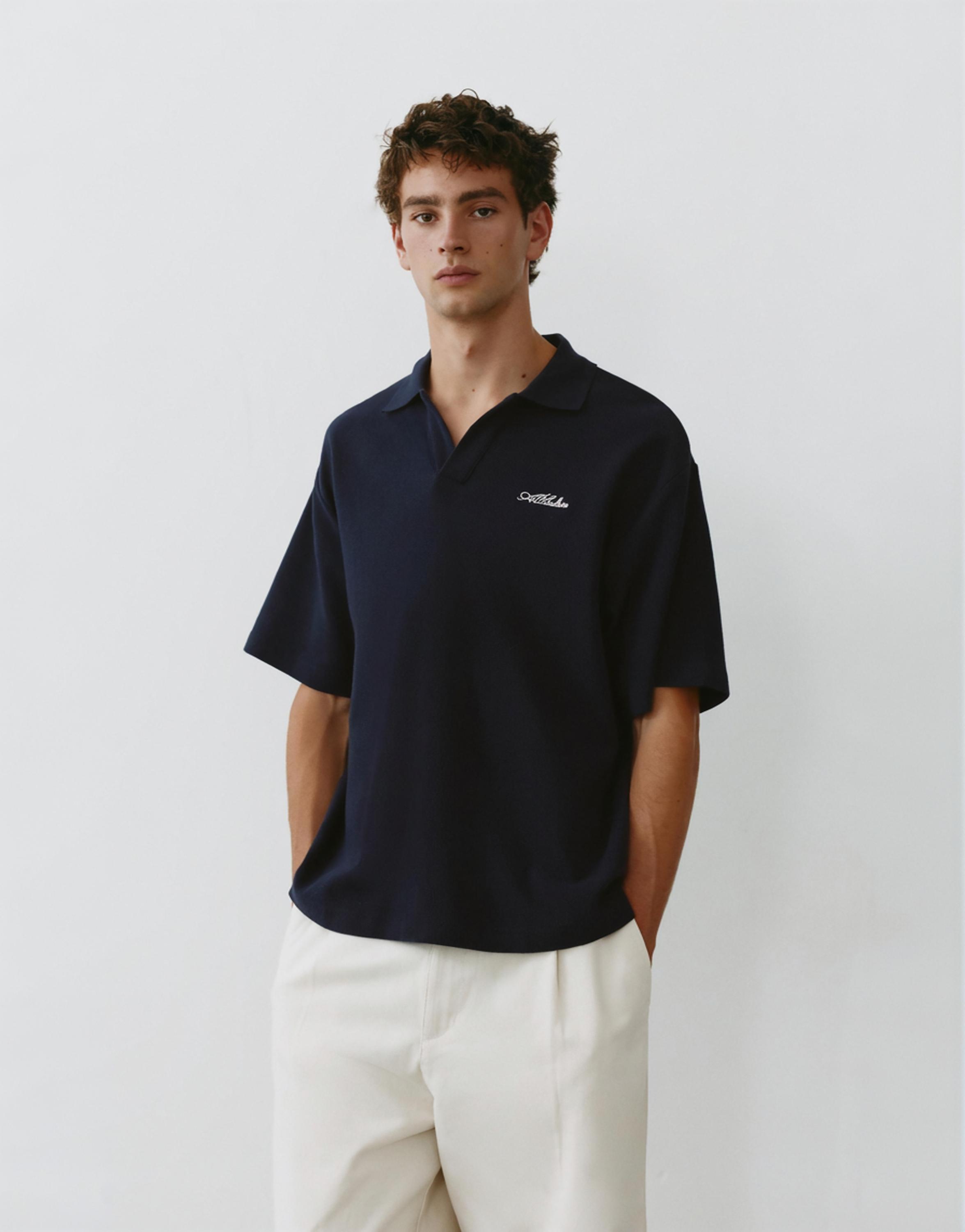 Short sleeve waffle-knit polo shirt — Navy