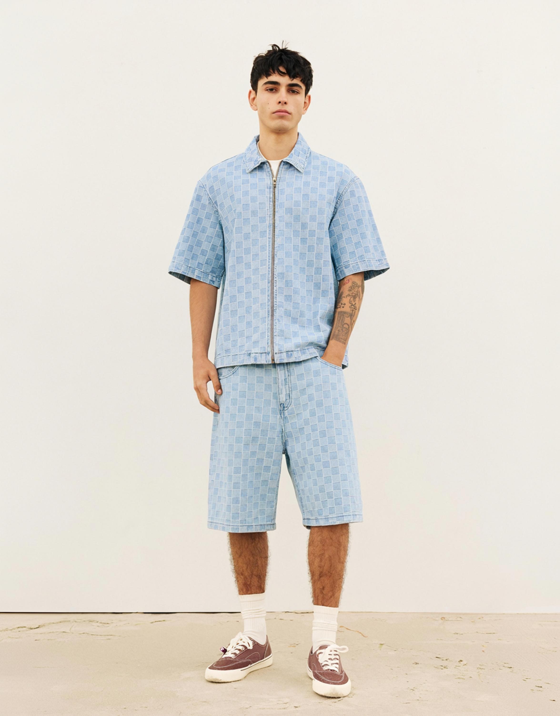 Check zip-up denim shirt — Medium blue