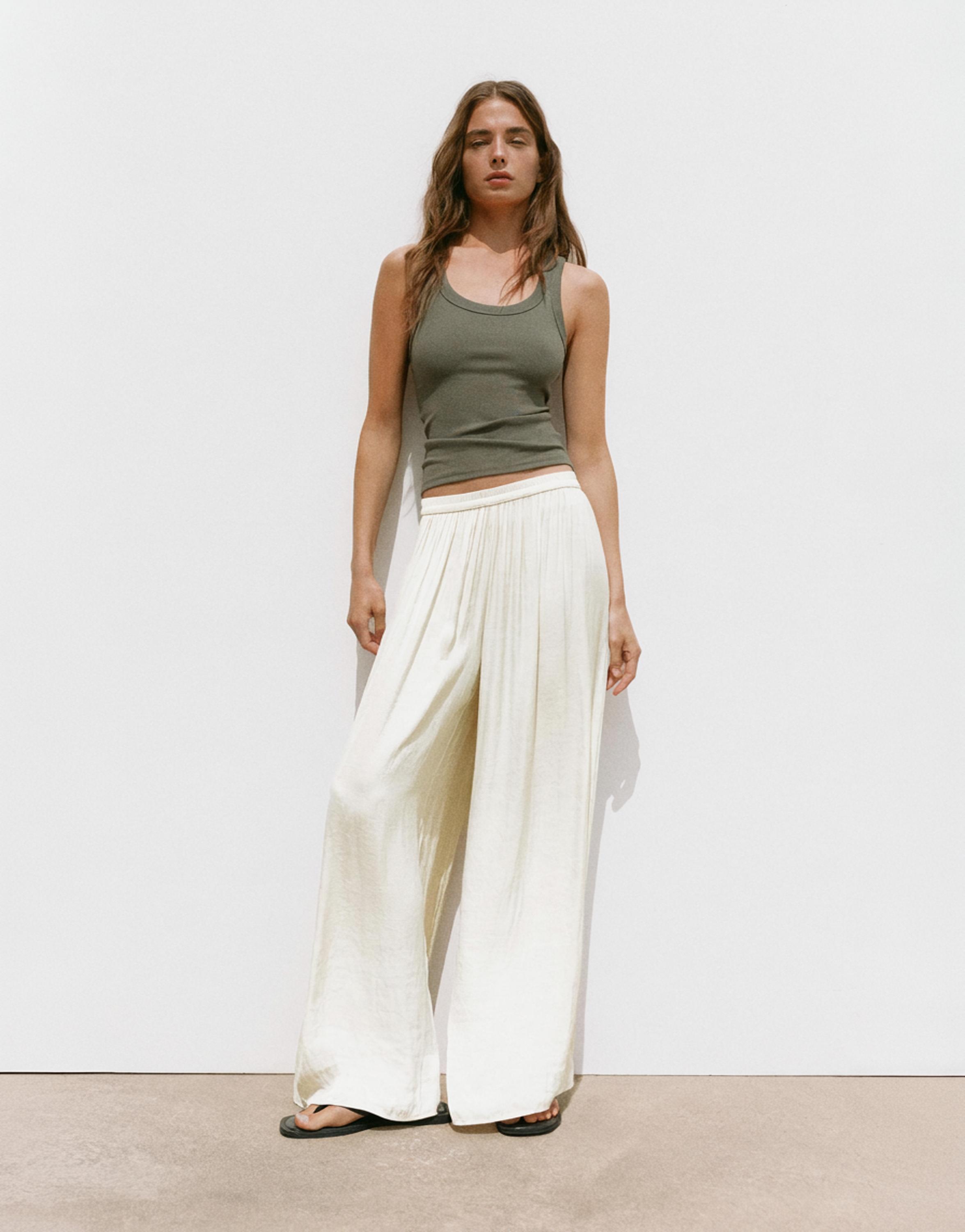 Satin wide-leg trousers — Ecru