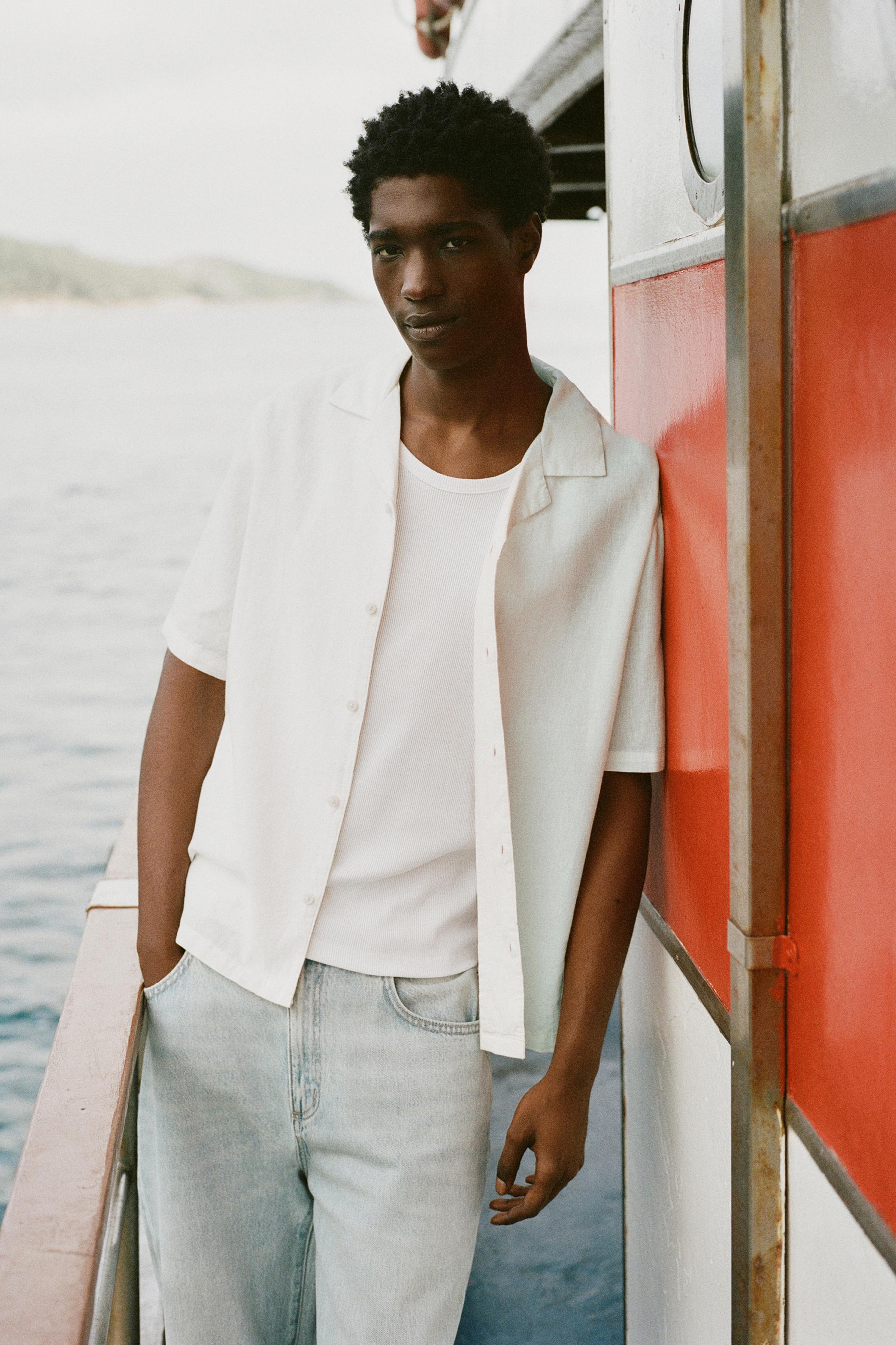 Short sleeve linen blend shirt — Off white