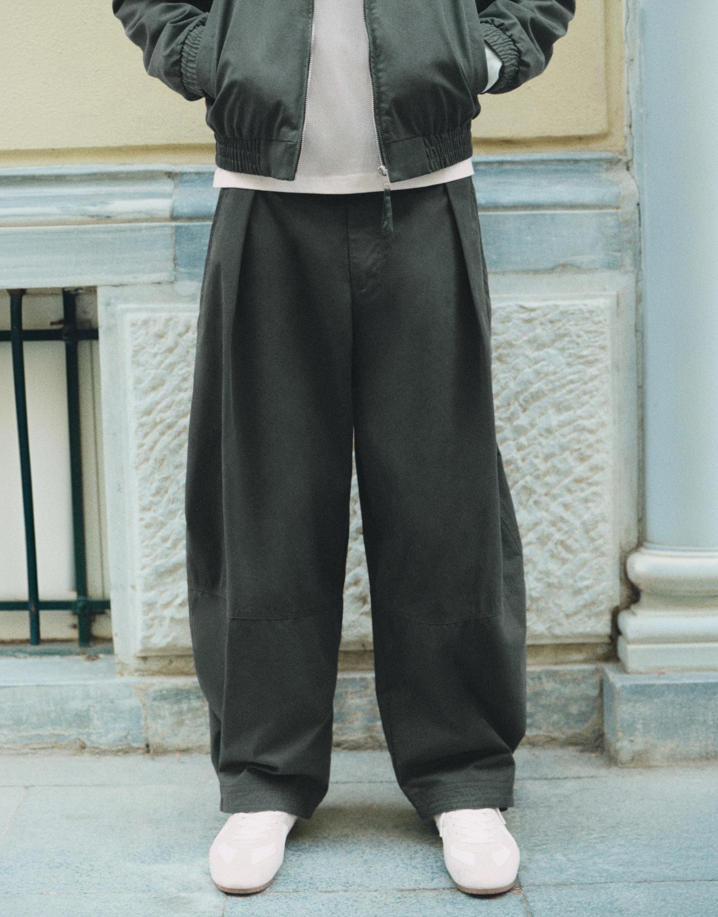 Darted barrel-leg trousers — Bluish green