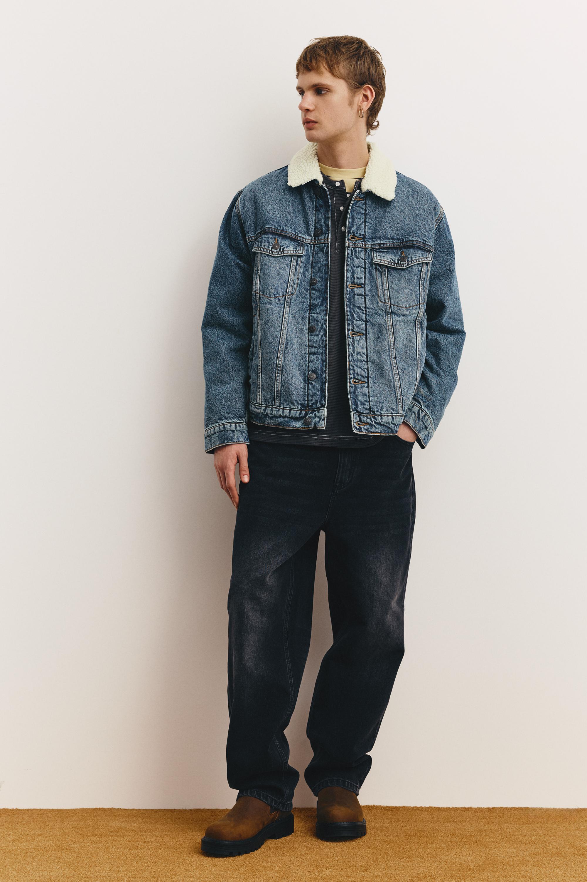 Denim jacket with faux shearling collar — Medium blue