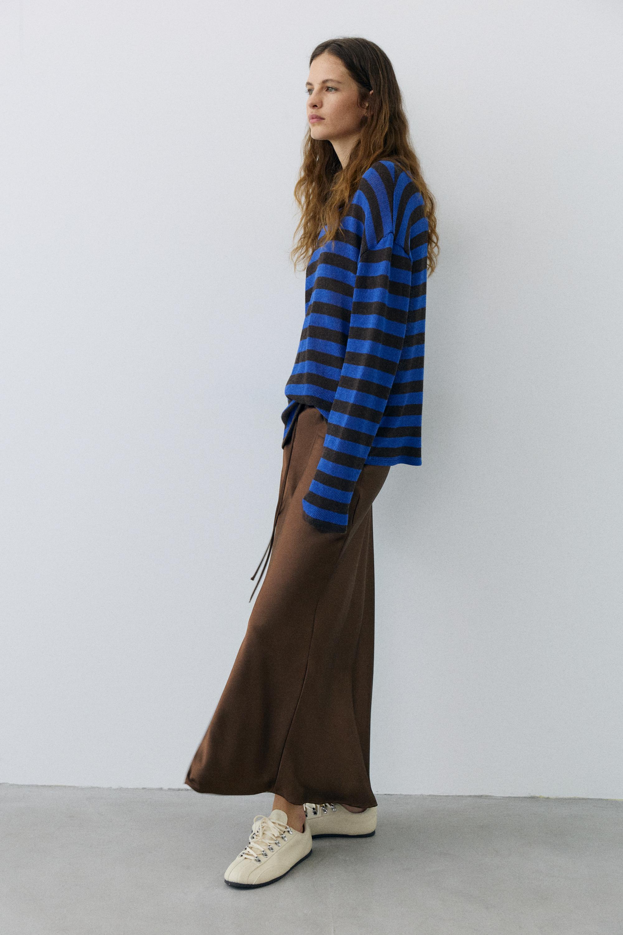 Satin drawstring midi skirt — Dark brown
