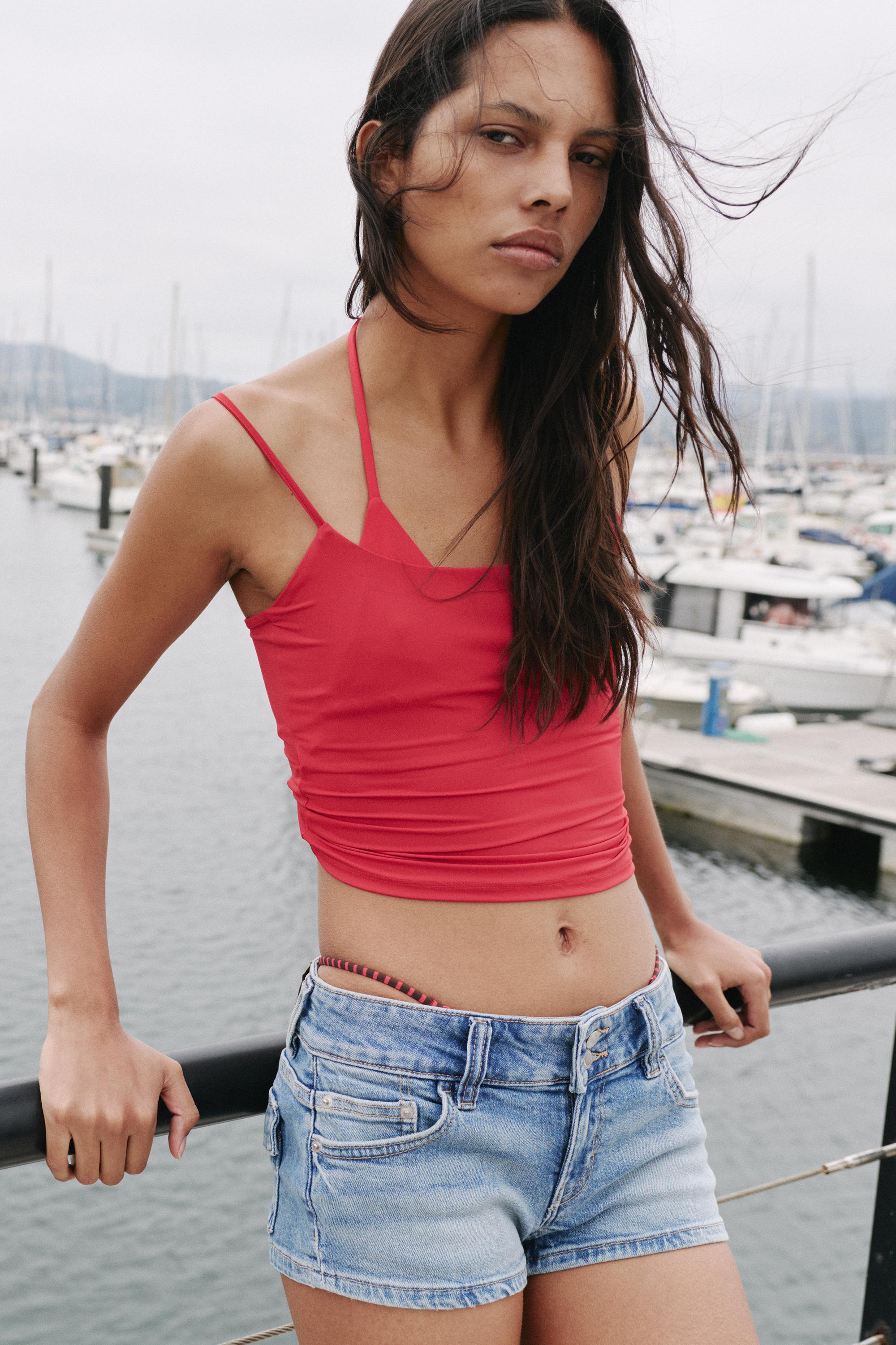 Double-button mini denim shorts — Pale blue