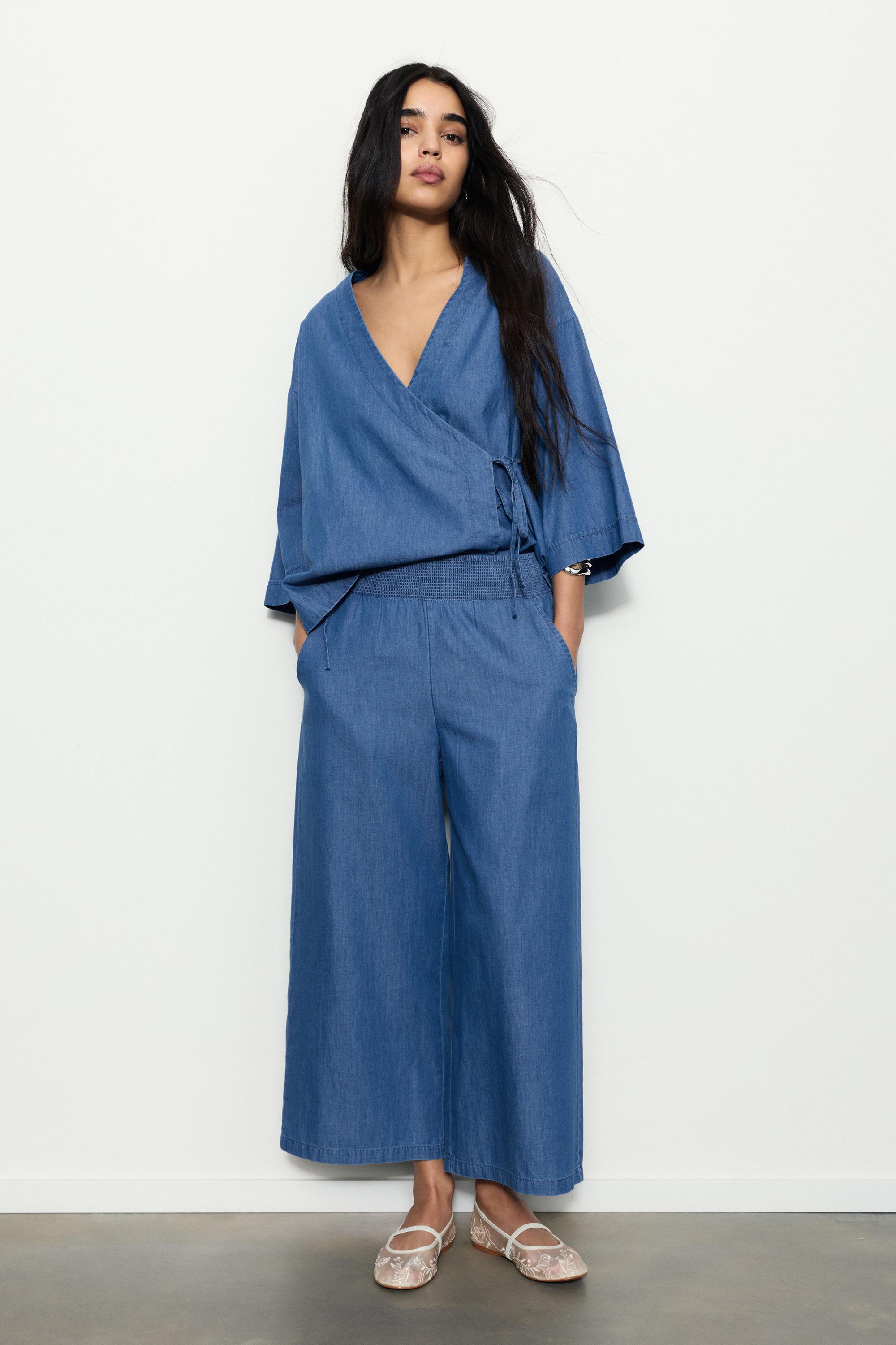 Flowing denim trousers with elasticated waist — Medium blue