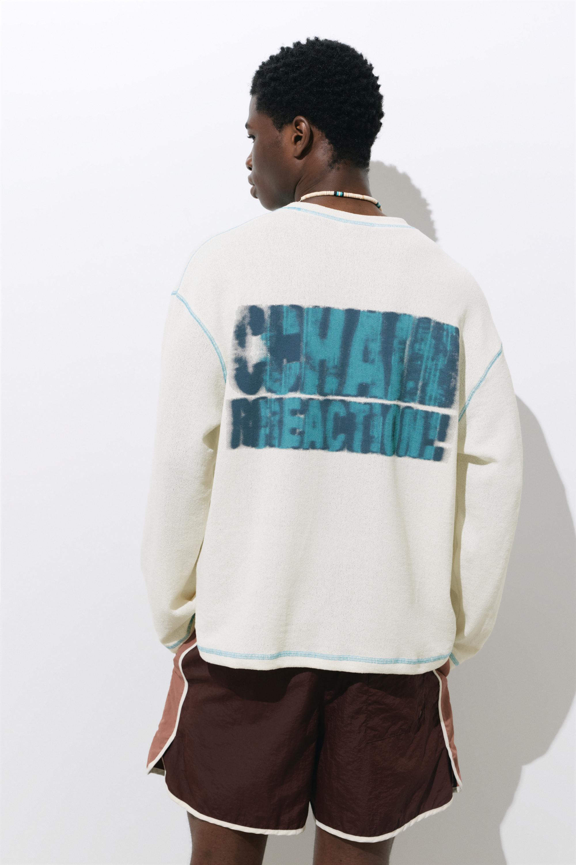 Long sleeve graphic T-shirt with topstitching — Ecru