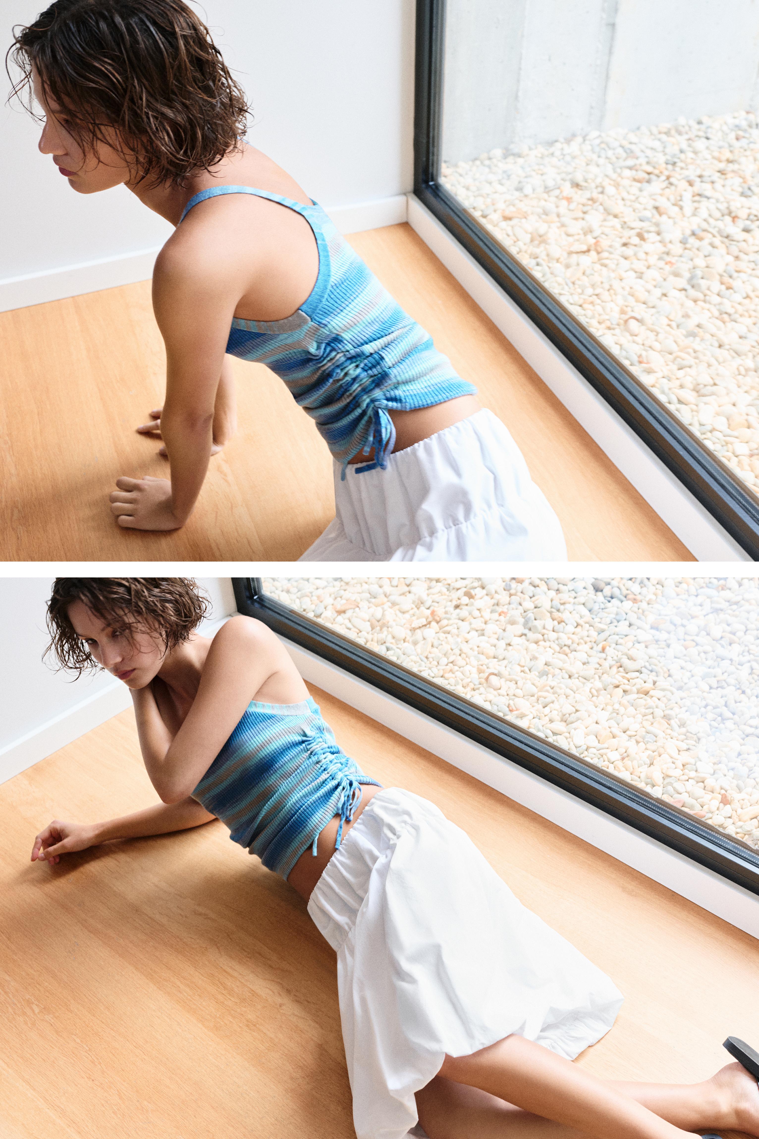 Gathered knit strappy top — Blue