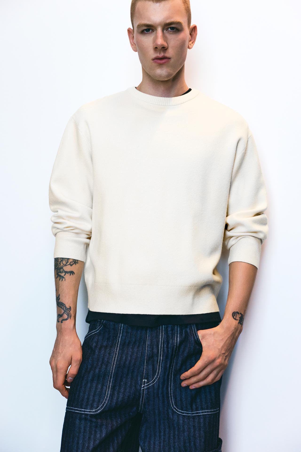Soft-touch round neck jumper — Ecru/Beige